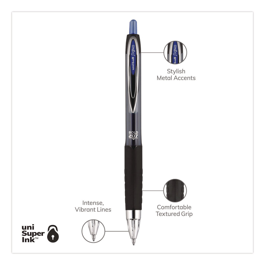 Signo 207 Gel Pen, Retractable, Bold 1 mm, Blue Ink, Smoke/Black/Blue Barrel, Dozen