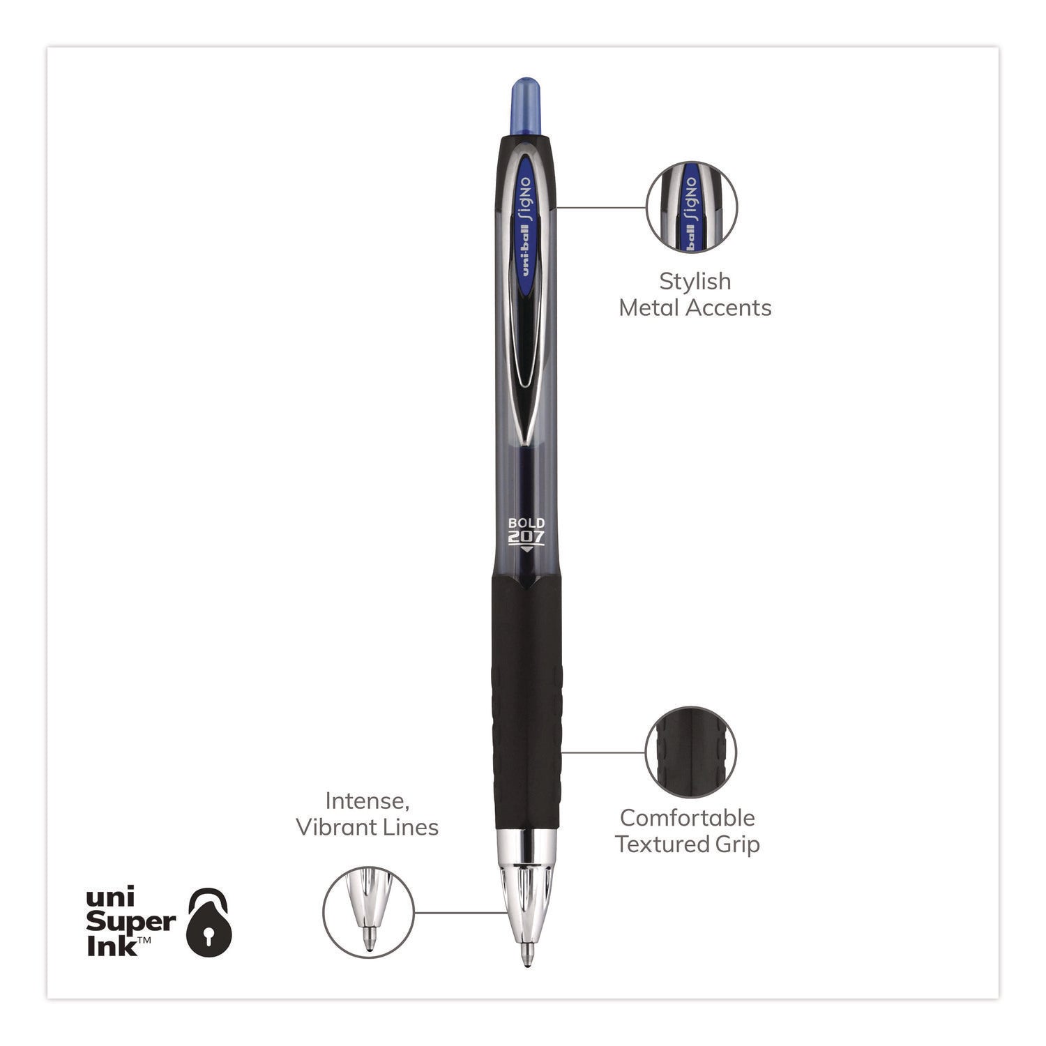 Signo 207 Gel Pen, Retractable, Bold 1 mm, Blue Ink, Smoke/Black/Blue Barrel, Dozen