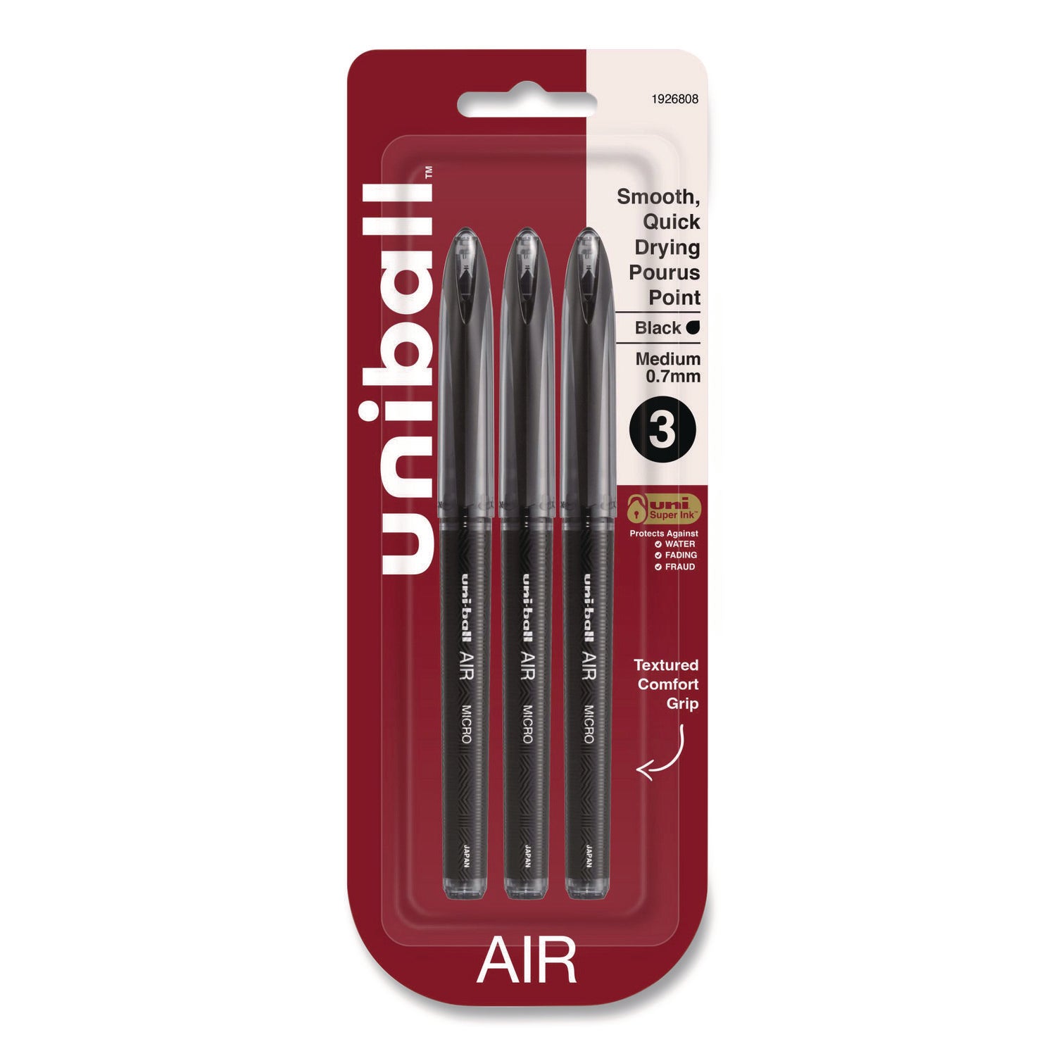 AIR Porous Gel Pen, Stick, Medium 0.7 mm, Black Ink, Black Barrel, 3/Pack