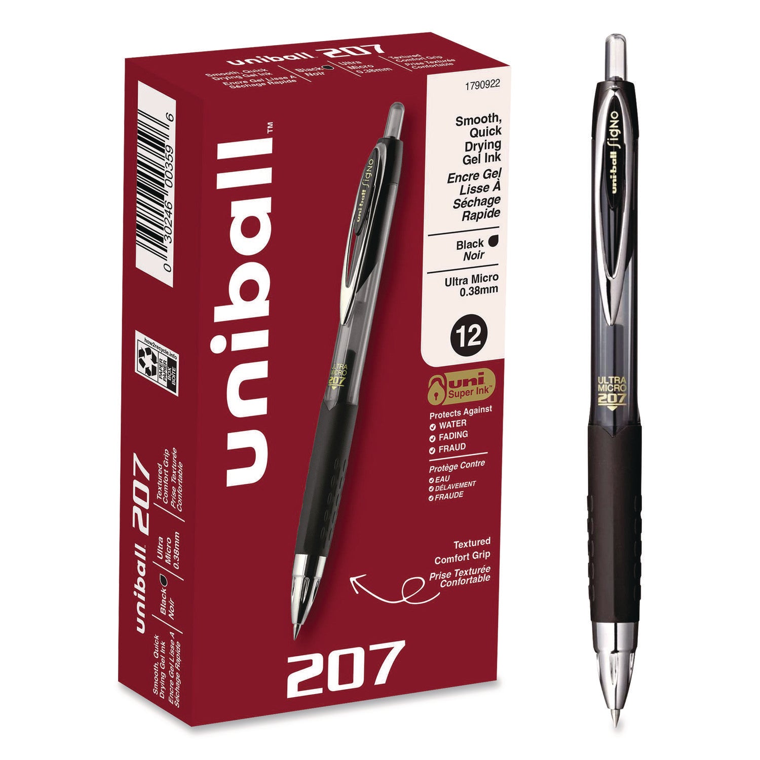 207 Signo Gel Ultra Micro Gel Pen, Retractable, Extra-Fine 0.38 mm, Black Ink, Clear/Black Barrel