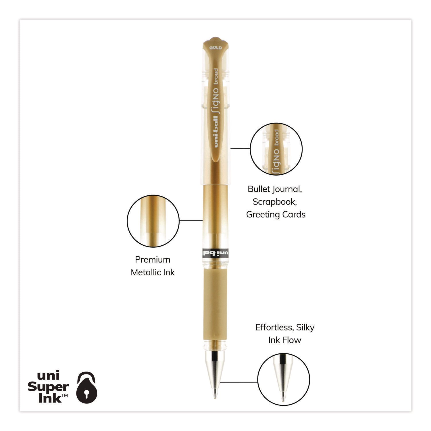 Signo Gel Impact Gel Pen, Stick, Bold 1 mm, Assorted Metallic Ink and Barrel Colors, 3/Pack