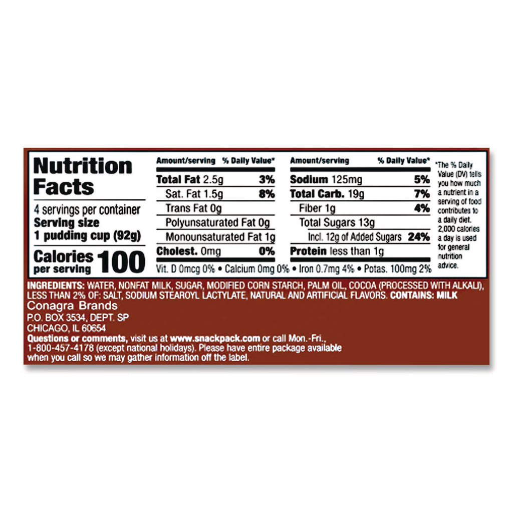 Pudding Cups, Chocolate, 3.5 oz Cup, 48/Carton