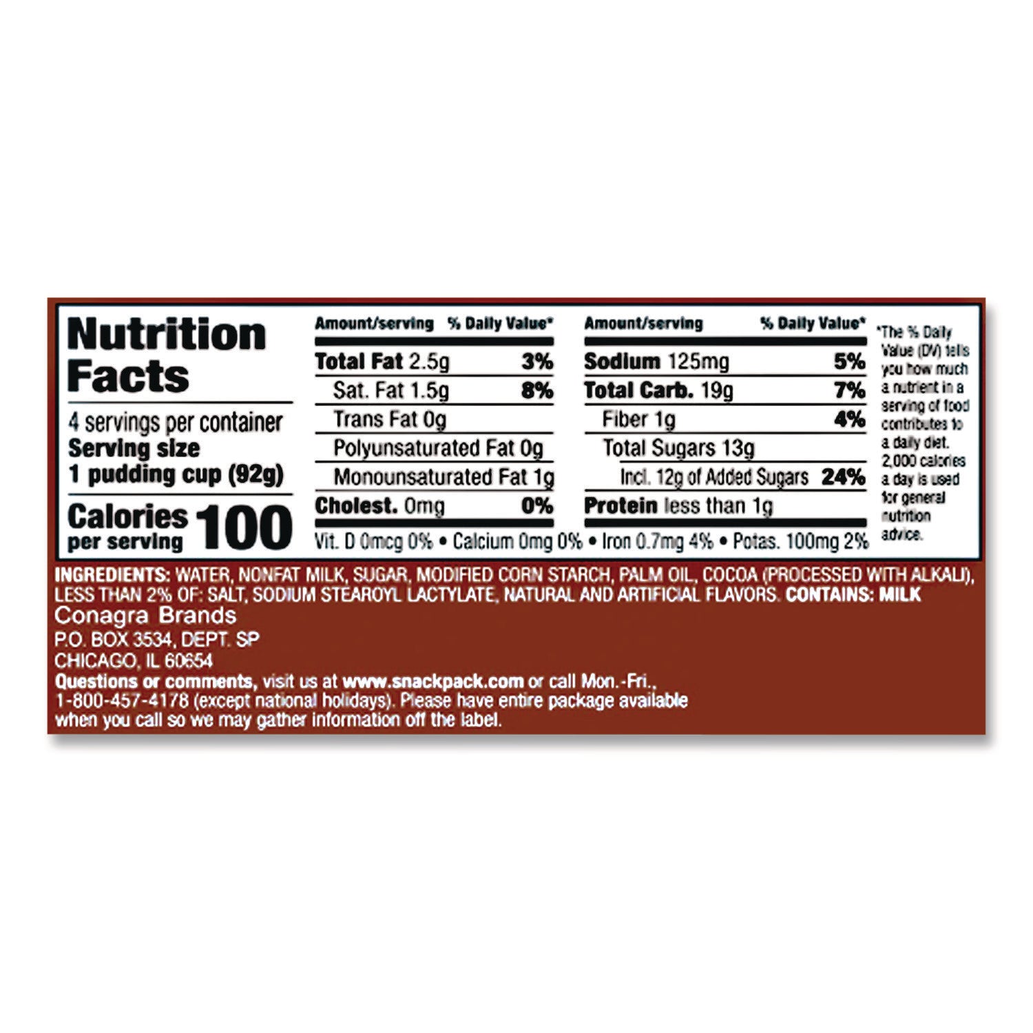 Pudding Cups, Chocolate, 3.5 oz Cup, 48/Carton