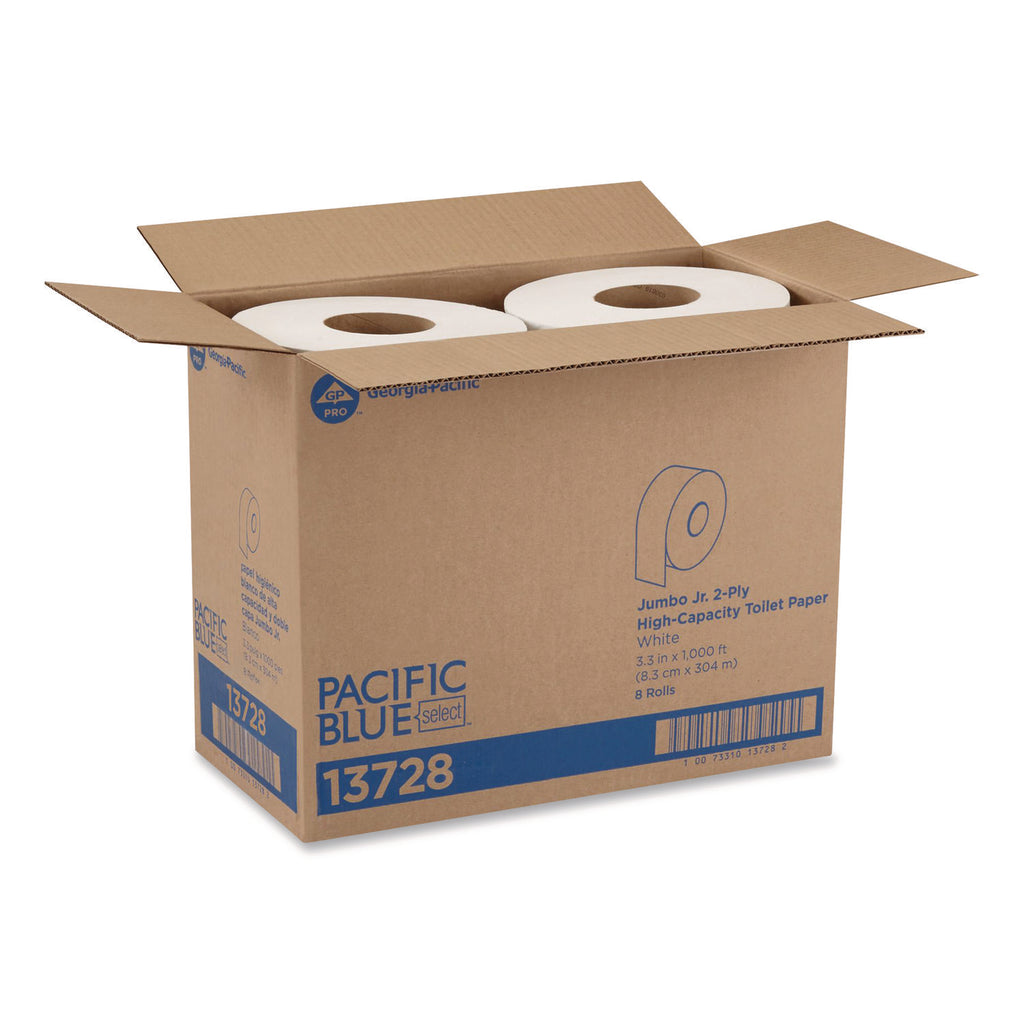 Jumbo Jr. Bath Tissue Roll, Septic Safe, 2-Ply, White, 3.5" x 1,000 ft, 8 Rolls/Carton