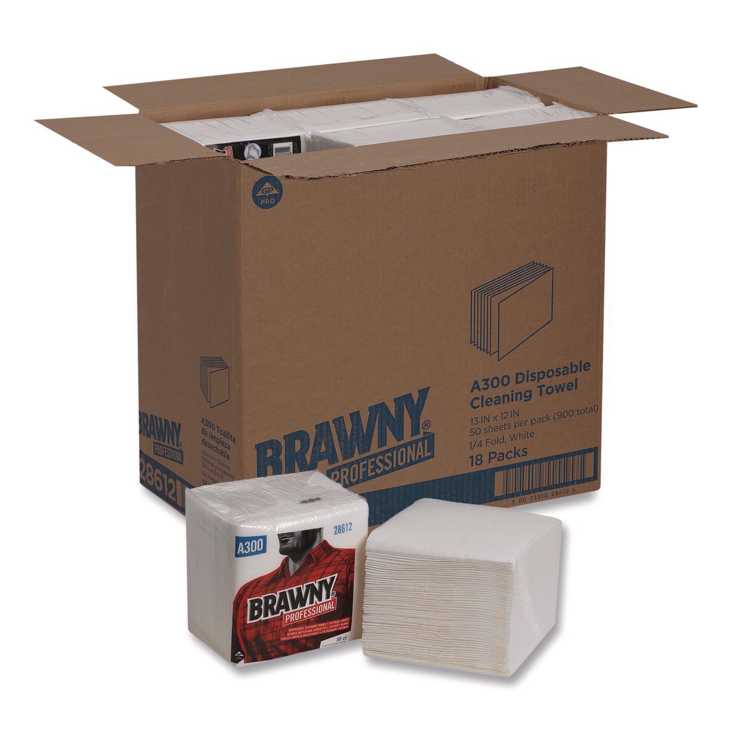 Professional Cleaning Towels, 1-Ply, 12 x 13, White, 50/Pack, 18 Packs/Carton