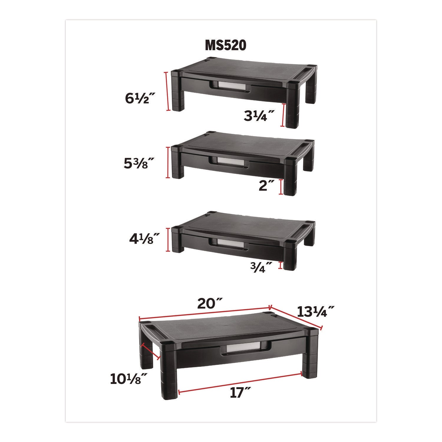 Wide Deluxe Two-Level Monitor Stand with Drawer, 20" x 13.25" x 3" to 6.5", Black, Supports 50 lbs