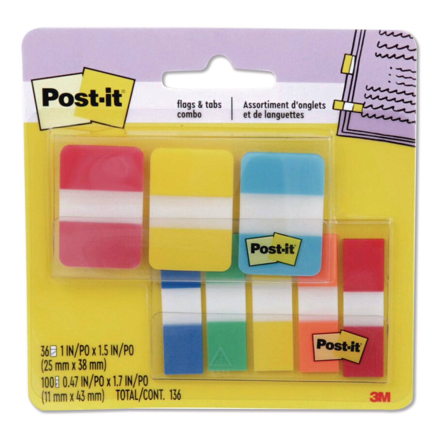 Post-it Tabs and Flags Combo Pack - Red, Yellow, Blue, Green, Orange - Sticky, Adhesive - 136 / Pack