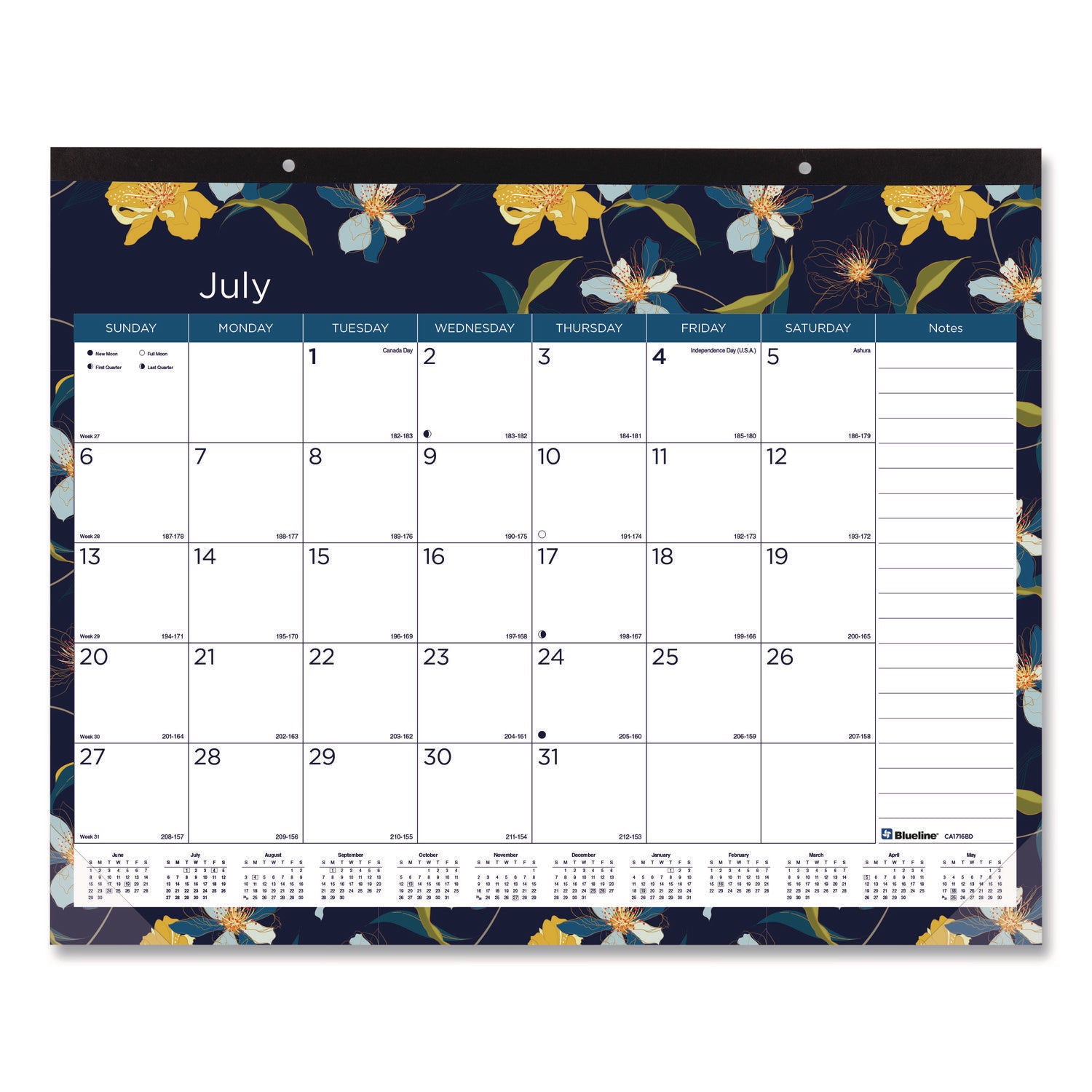 Spring Monthly Academic Desk Pad Calendar, Colorful Blossom Artwork, 22 x 17, Black Binding, 18-Month (July-Dec): 2023-2024