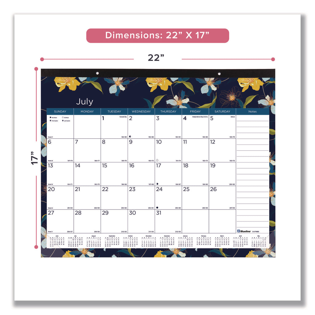 Spring Monthly Academic Desk Pad Calendar, Colorful Blossom Artwork, 22 x 17, Black Binding, 18-Month (July-Dec): 2023-2024