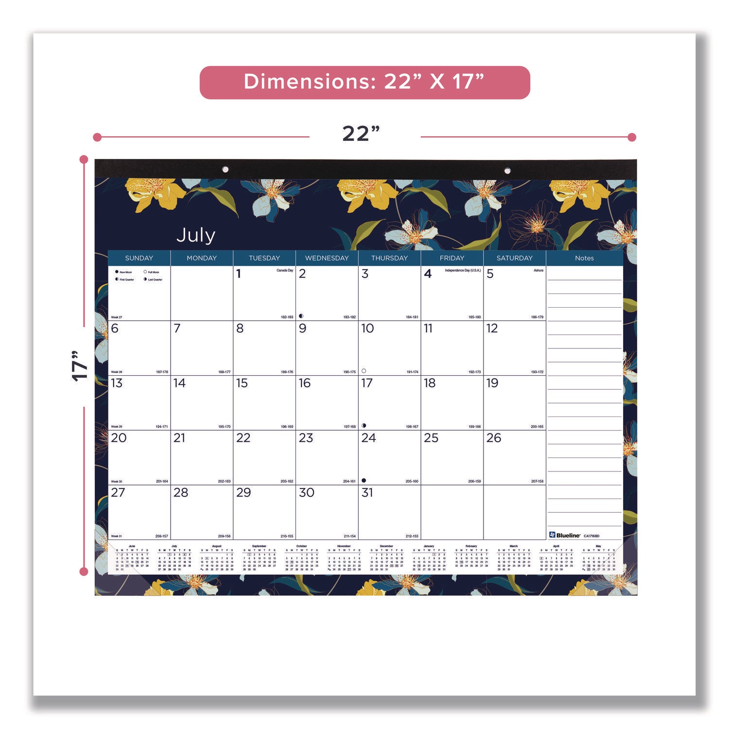Spring Monthly Academic Desk Pad Calendar, Colorful Blossom Artwork, 22 x 17, Black Binding, 18-Month (July-Dec): 2023-2024