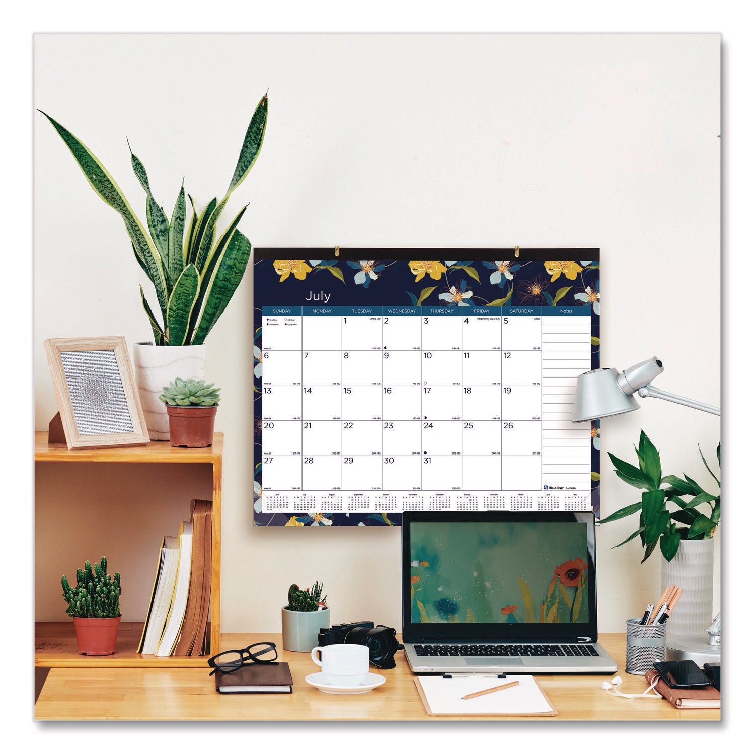 Spring Monthly Academic Desk Pad Calendar, Colorful Blossom Artwork, 22 x 17, Black Binding, 18-Month (July-Dec): 2023-2024