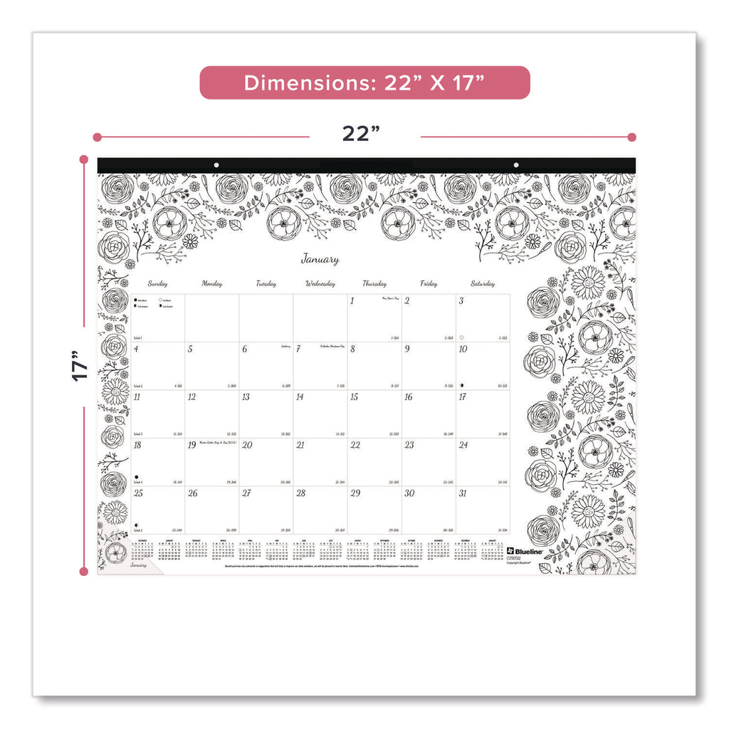 Blueline DoodlePlan Desk Pad - Botanica - Julian - Monthly - January 2022 till December 2022 - 1 Month Single Page Layout - Desk Pad - White - Chipboard - Eyelet, Tear-off, Compact, Reinforced - 22" x 17