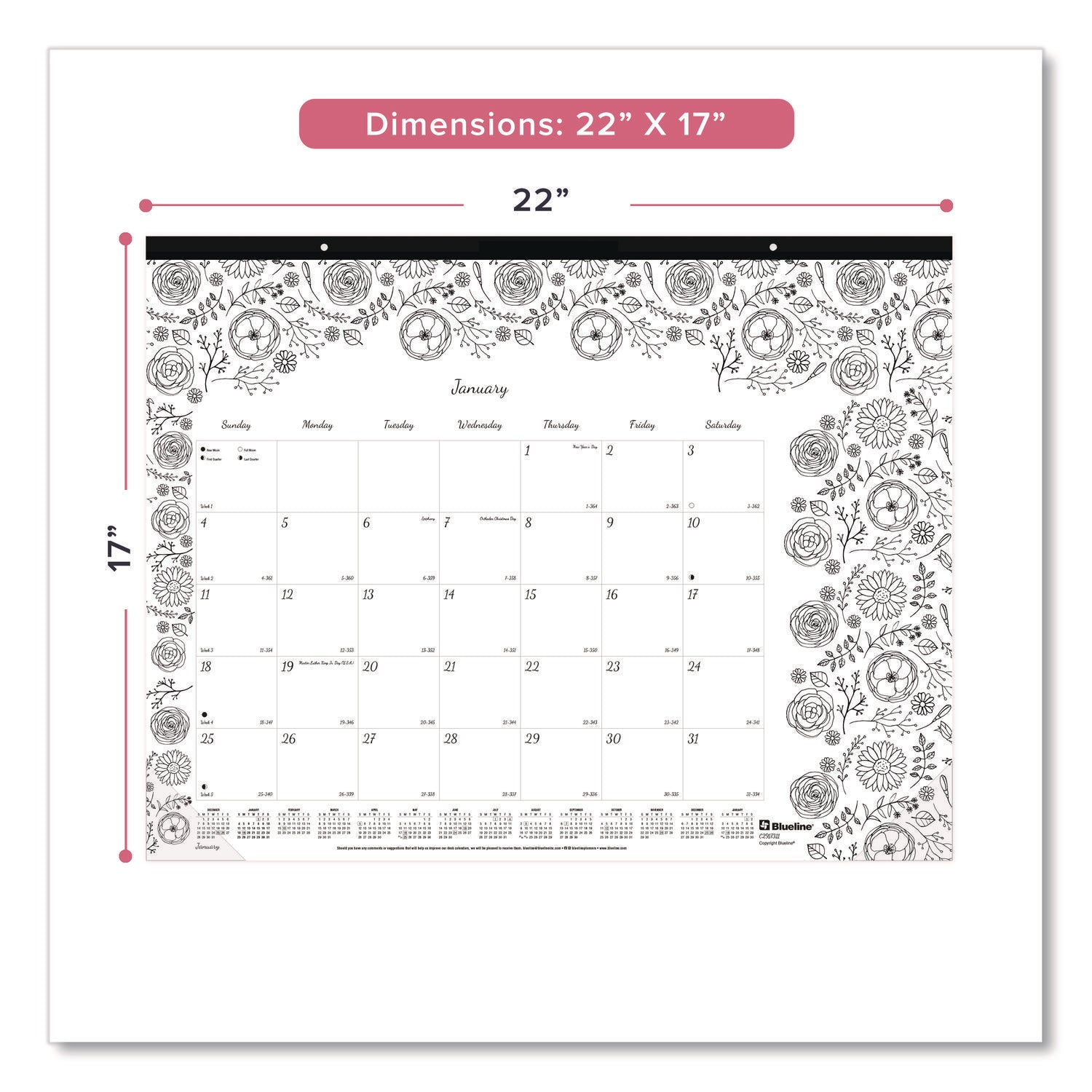 Blueline DoodlePlan Desk Pad - Botanica - Julian - Monthly - January 2022 till December 2022 - 1 Month Single Page Layout - Desk Pad - White - Chipboard - Eyelet, Tear-off, Compact, Reinforced - 22" x 17