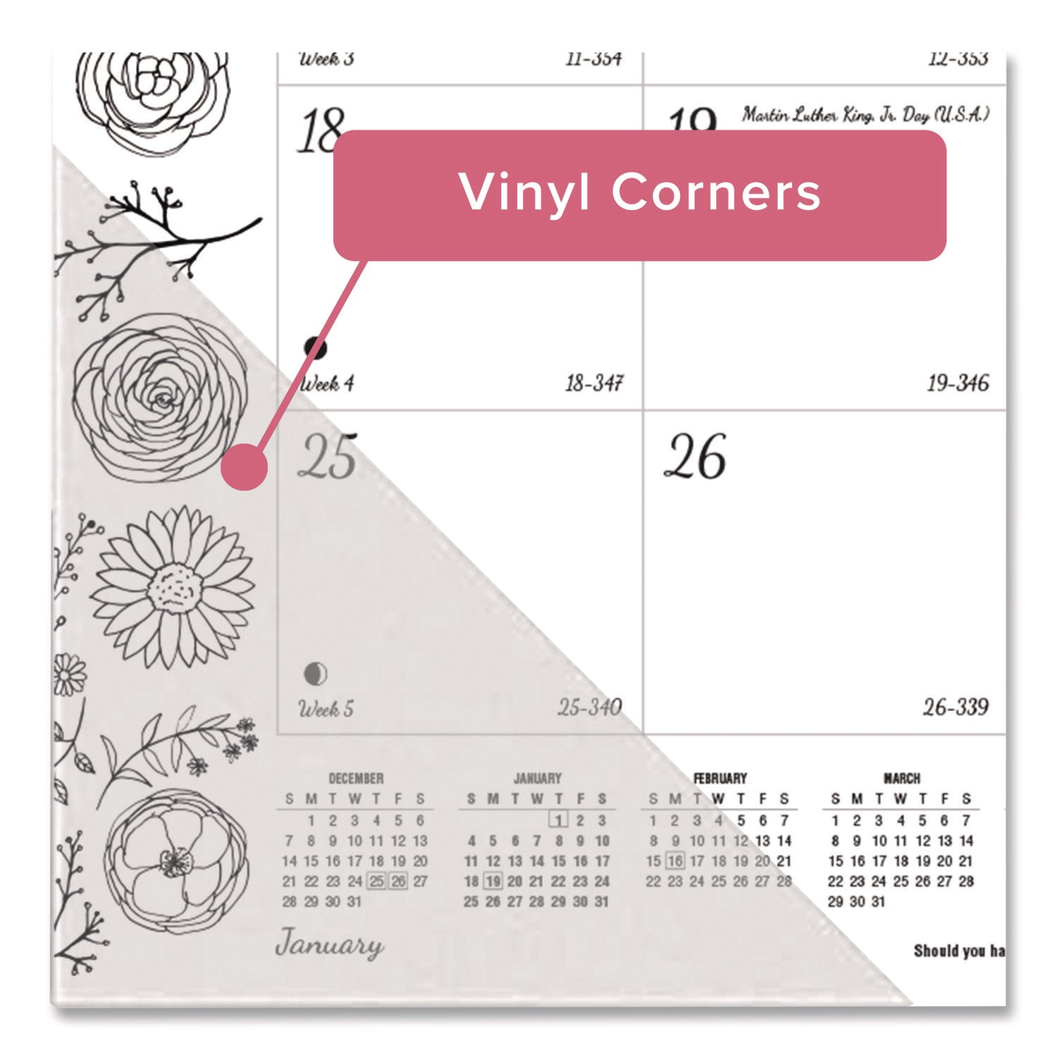 Blueline DoodlePlan Desk Pad - Botanica - Julian - Monthly - January 2022 till December 2022 - 1 Month Single Page Layout - Desk Pad - White - Chipboard - Eyelet, Tear-off, Compact, Reinforced - 22" x 17