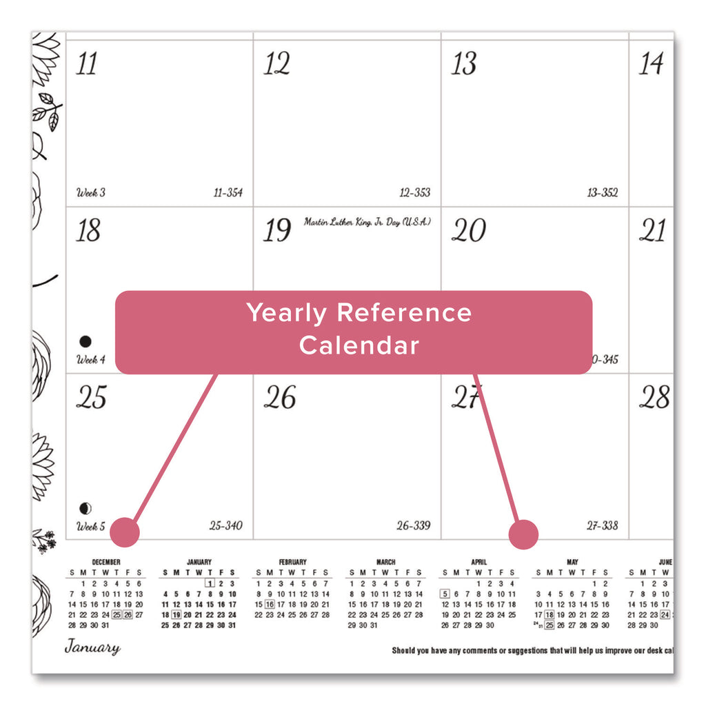 Blueline DoodlePlan Desk Pad - Botanica - Julian - Monthly - January 2022 till December 2022 - 1 Month Single Page Layout - Desk Pad - White - Chipboard - Eyelet, Tear-off, Compact, Reinforced - 22" x 17