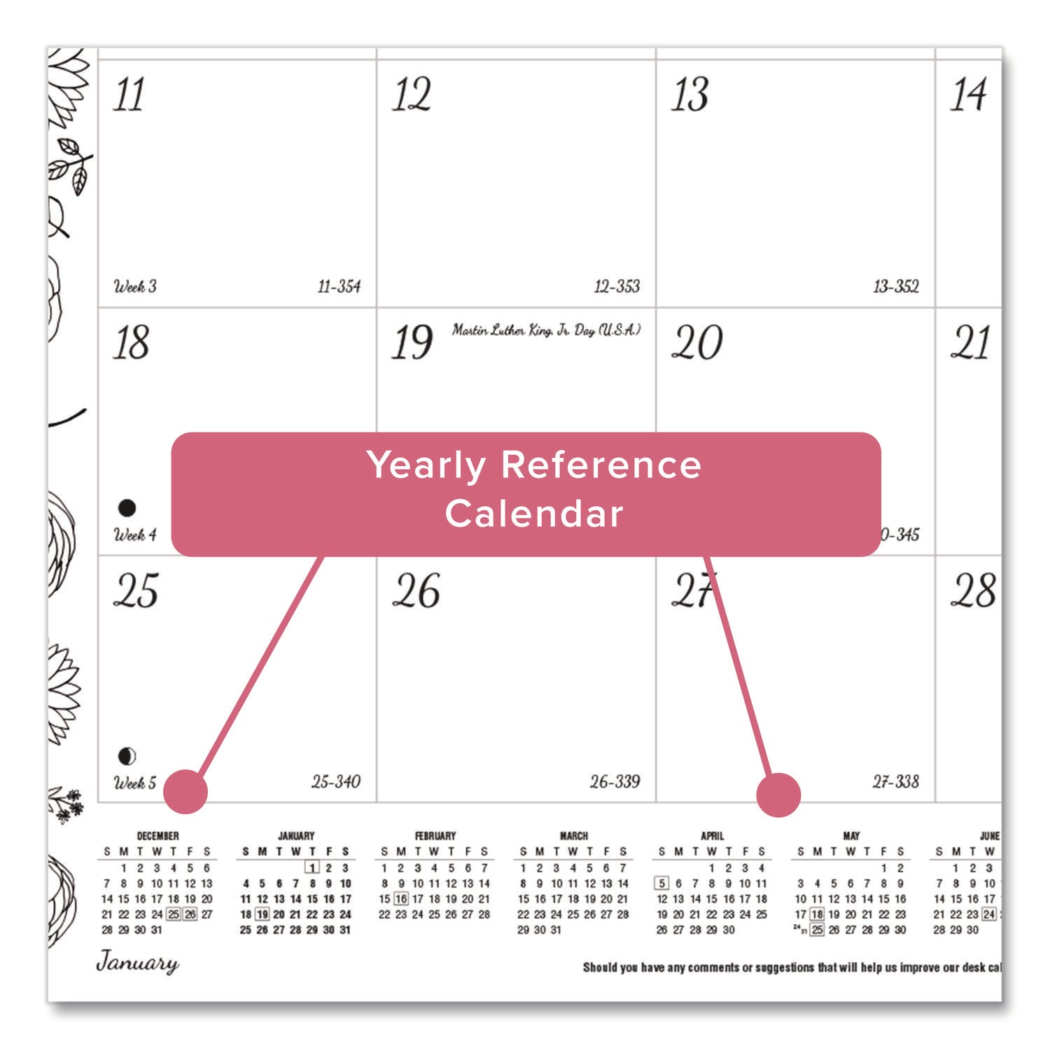 Blueline DoodlePlan Desk Pad - Botanica - Julian - Monthly - January 2022 till December 2022 - 1 Month Single Page Layout - Desk Pad - White - Chipboard - Eyelet, Tear-off, Compact, Reinforced - 22" x 17