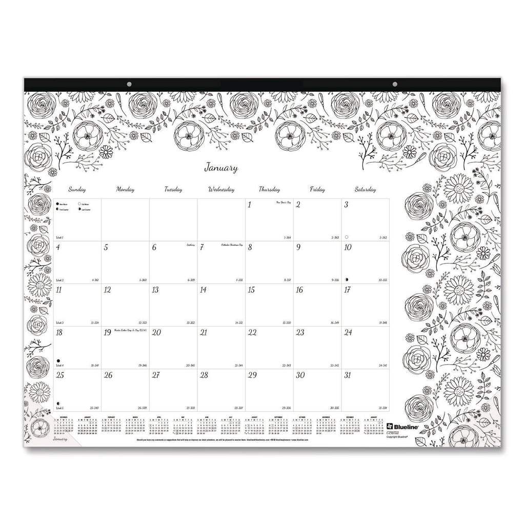 Blueline DoodlePlan Desk Pad - Botanica - Julian - Monthly - January 2022 till December 2022 - 1 Month Single Page Layout - Desk Pad - White - Chipboard - Eyelet, Tear-off, Compact, Reinforced - 22" x 17
