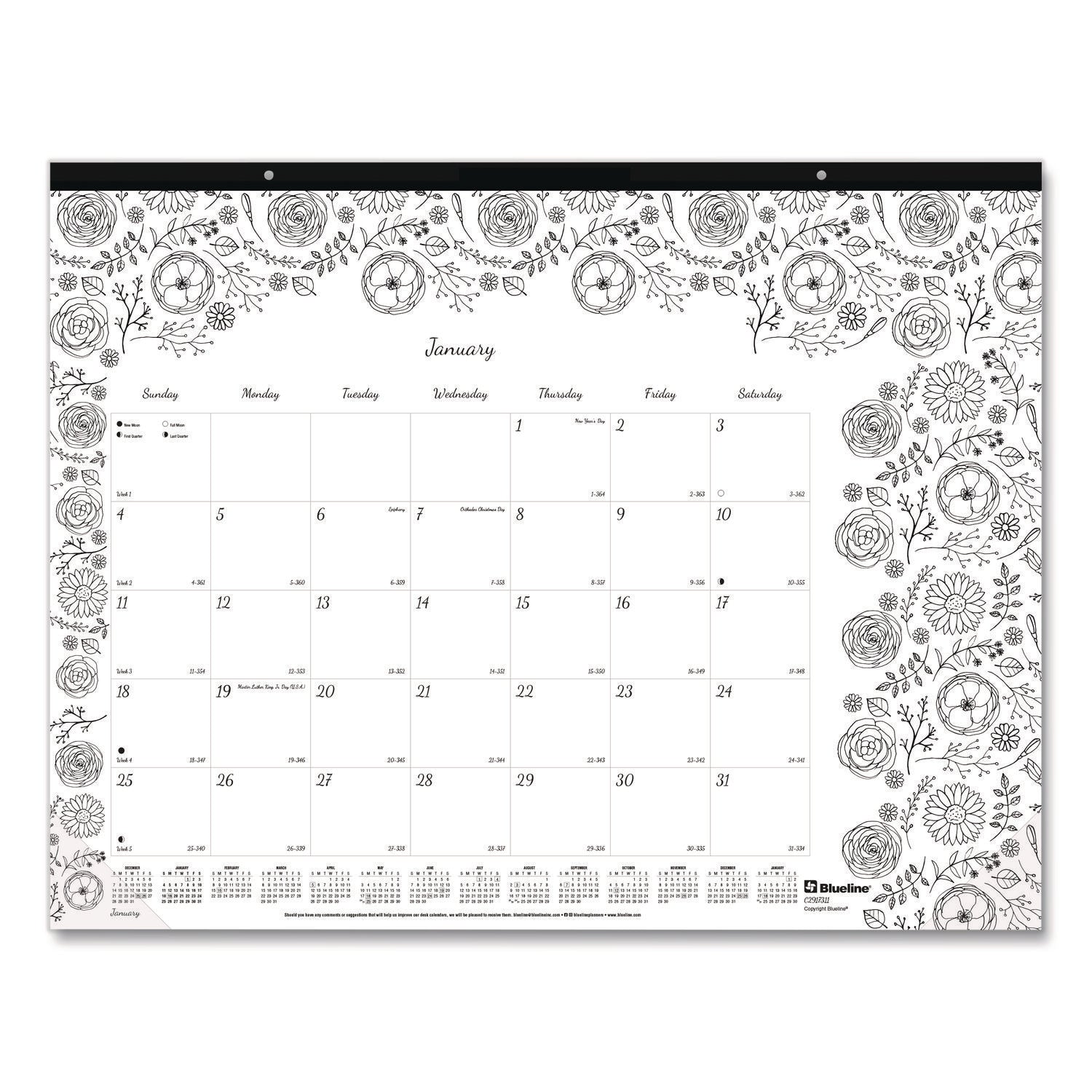 Blueline DoodlePlan Desk Pad - Botanica - Julian - Monthly - January 2022 till December 2022 - 1 Month Single Page Layout - Desk Pad - White - Chipboard - Eyelet, Tear-off, Compact, Reinforced - 22" x 17