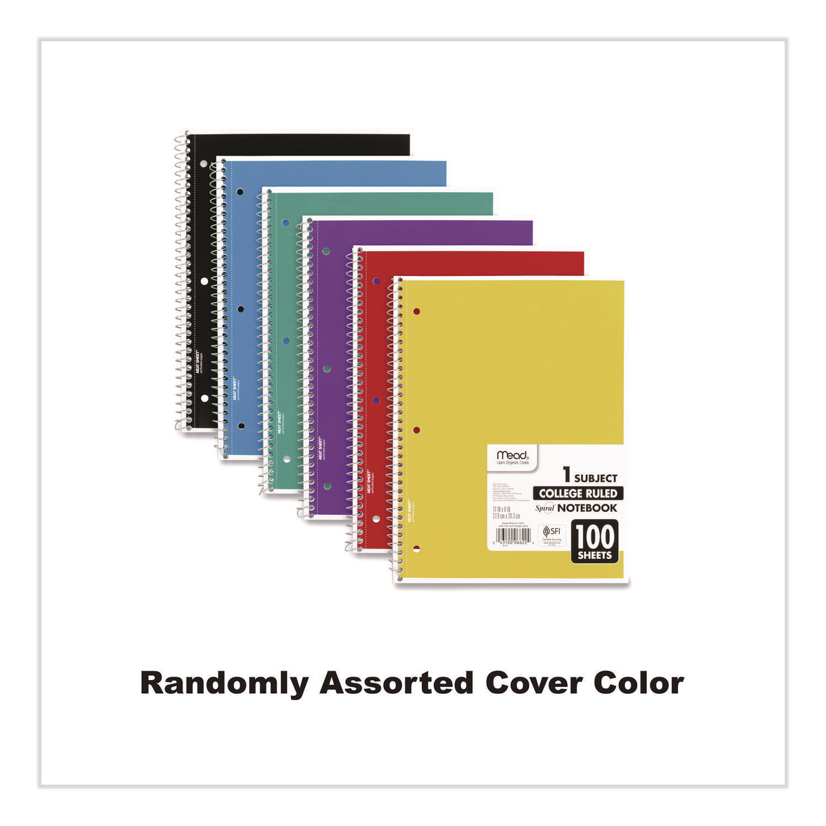 Spiral Notebook, 3-Hole Punched, 1-Subject, Medium/College Rule, Randomly Assorted Cover Color, (100) 11 x 8 Sheets
