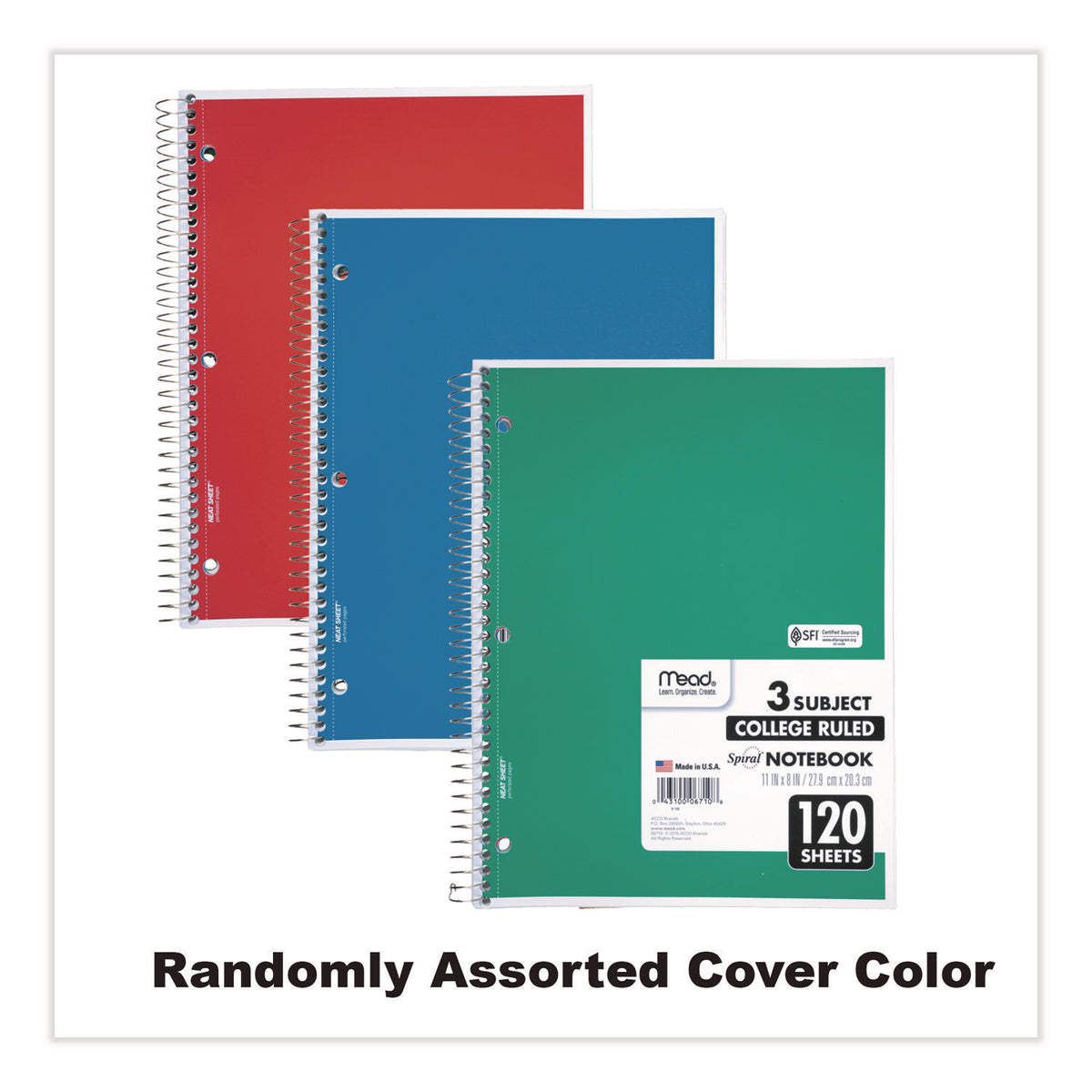 Spiral Notebook, 3-Subject, Medium/College Rule, Randomly Assorted Cover Color, (120) 11 x 8 Sheets