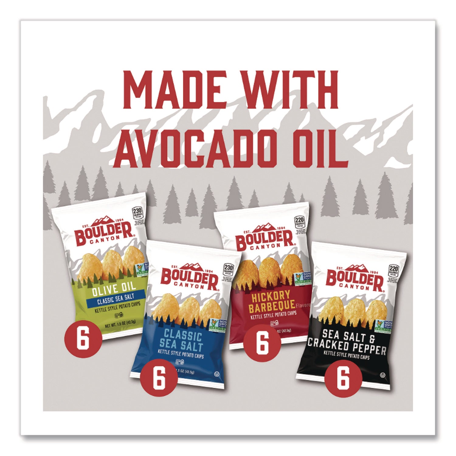 Chips Variety Pack, Hickory Barbeque, Sea Salt, Sea Salt and Cracked Pepper, Olive Oil, 1.5 oz, 24/Carton