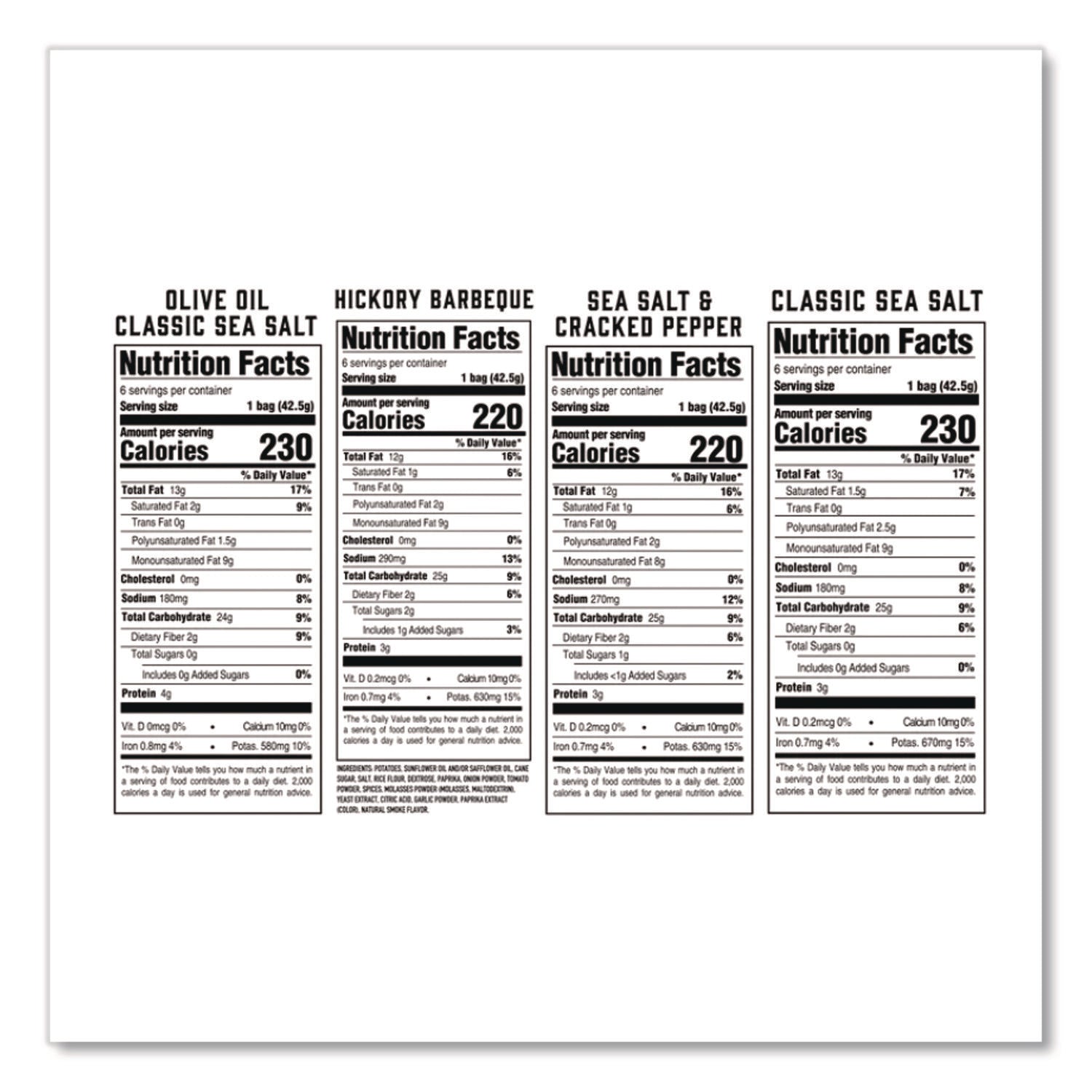 Chips Variety Pack, Hickory Barbeque, Sea Salt, Sea Salt and Cracked Pepper, Olive Oil, 1.5 oz, 24/Carton