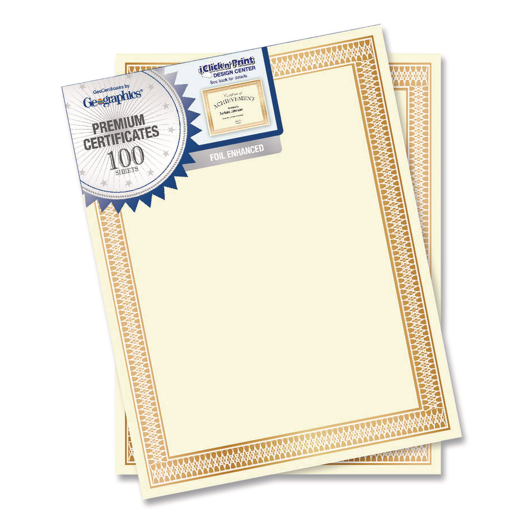 Geographics Traditional Award Certificates - 24 lb Basis Weight - 8.5" - Laser, Inkjet Compatible - Gold - 100 / Pack