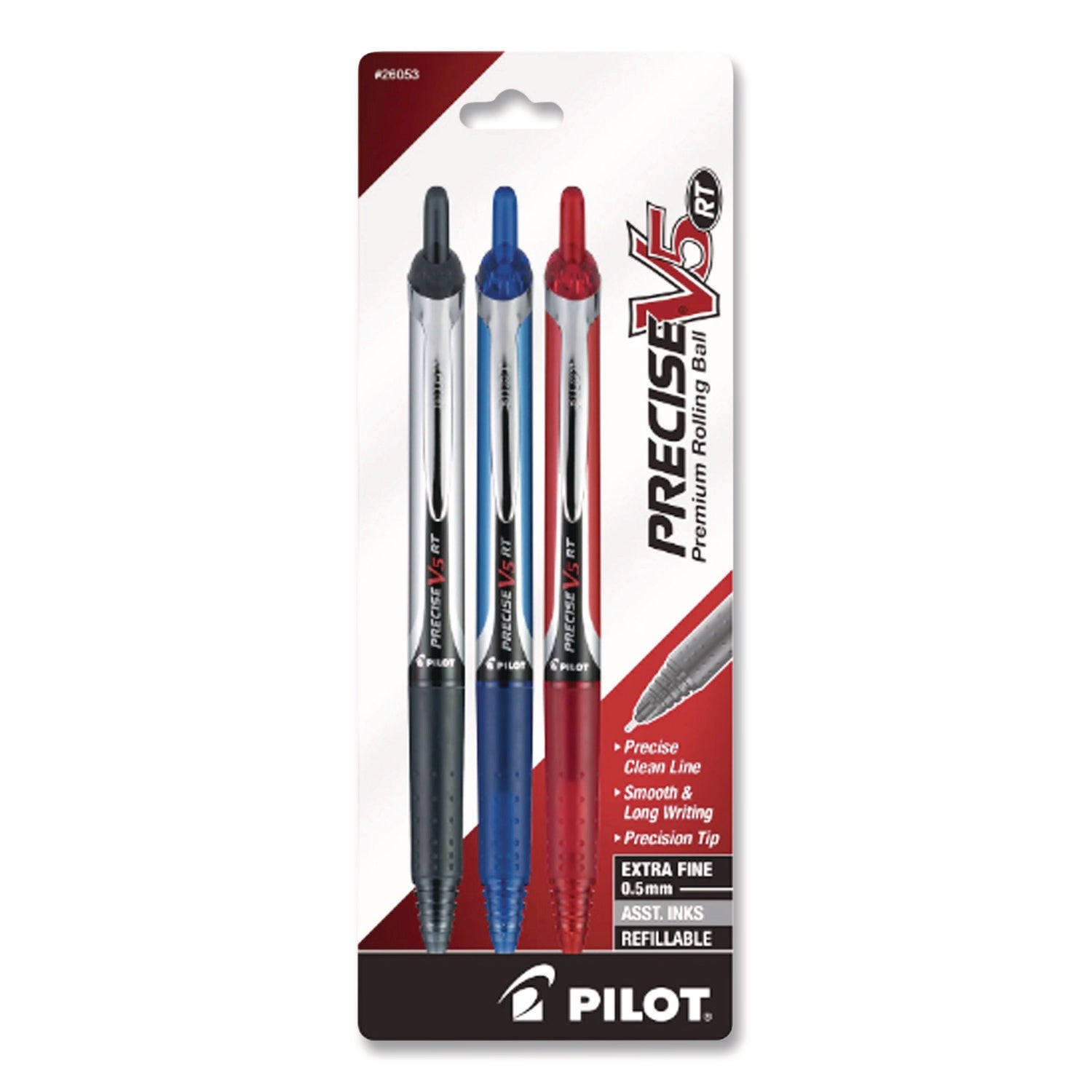 Precise V5RT Roller Ball Pen, Retractable, Extra-Fine 0.5 mm, Assorted Ink and Barrel Colors, 3/Pack