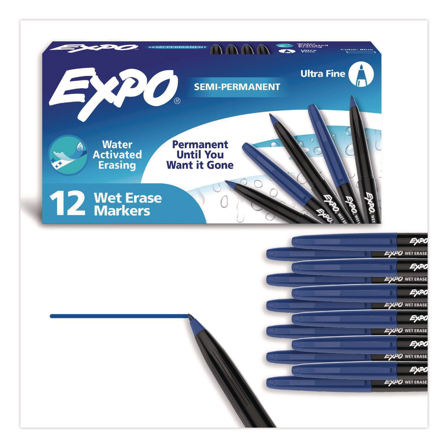Vis-a-Vis Wet Erase Marker, Fine Bullet Tip, Blue, Dozen