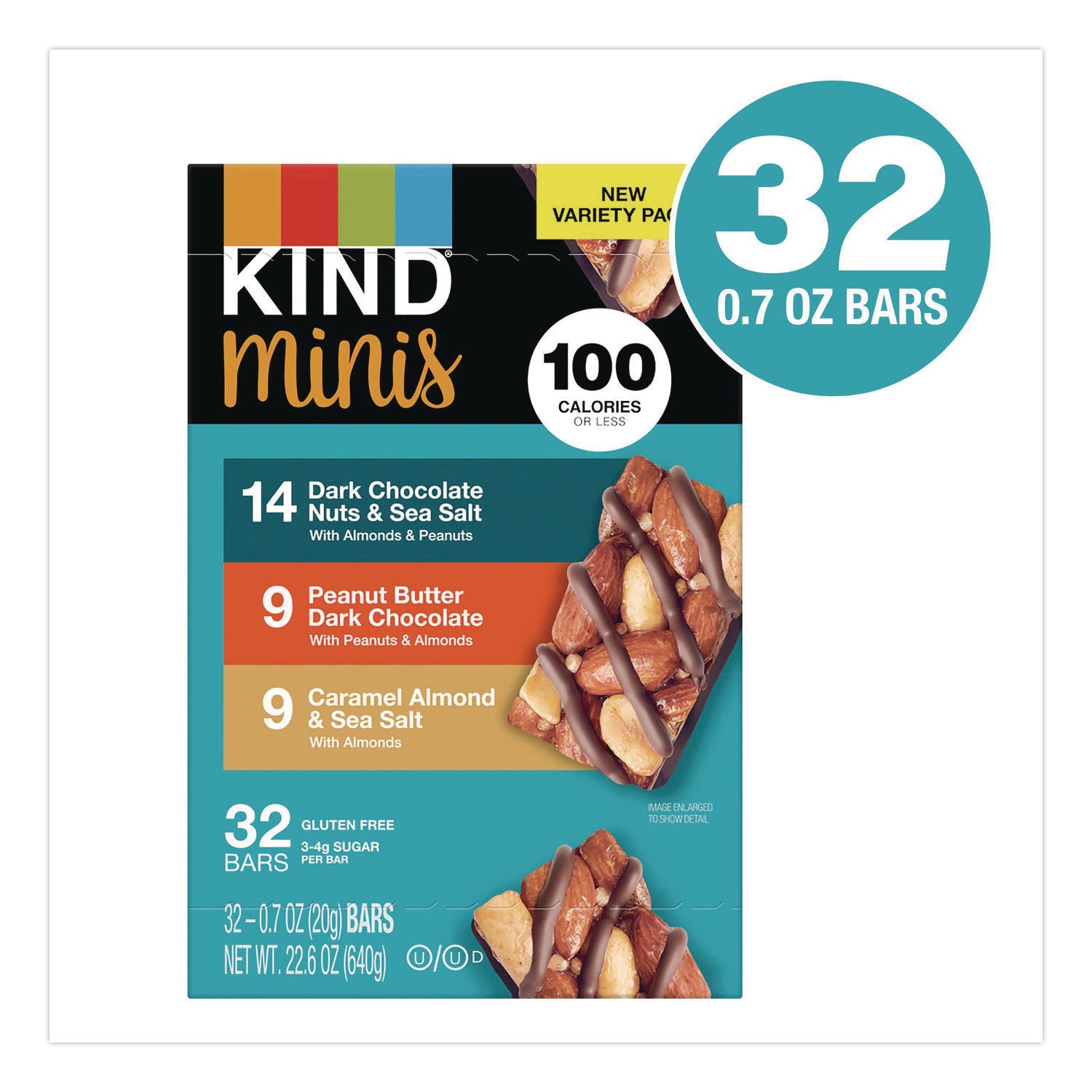 Minis, Dark Chocolate Nuts Sea Salt/Caramel Almond Nuts Sea Salt, 0.7 oz Bar, 32 Bars/Carton, Ships in 1-3 Business Days