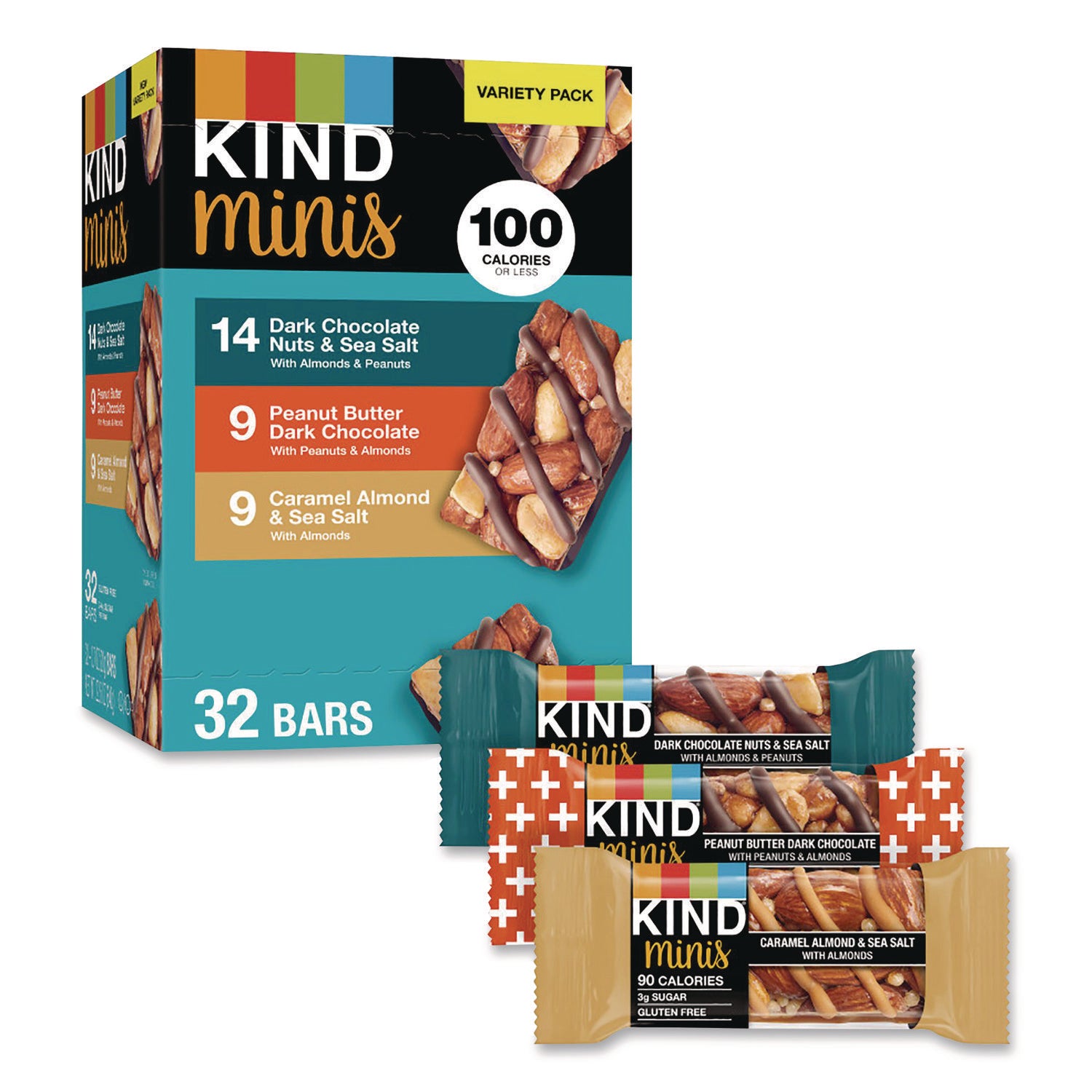 Minis, Dark Chocolate Nuts Sea Salt/Caramel Almond Nuts Sea Salt, 0.7 oz Bar, 32 Bars/Carton, Ships in 1-3 Business Days