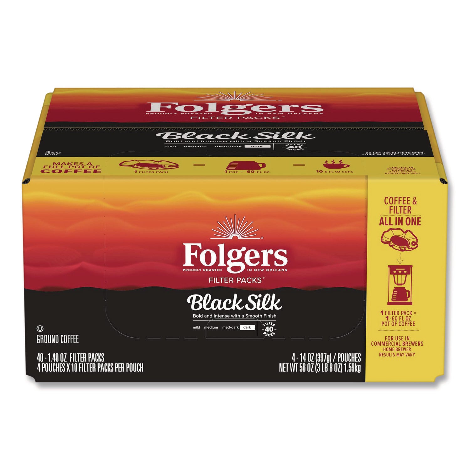 Coffee Filter Packs, Black Silk, 1.4 oz Pack, 40Packs/Carton