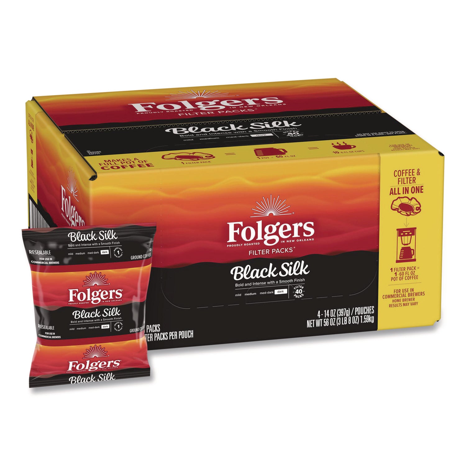 Coffee Filter Packs, Black Silk, 1.4 oz Pack, 40Packs/Carton