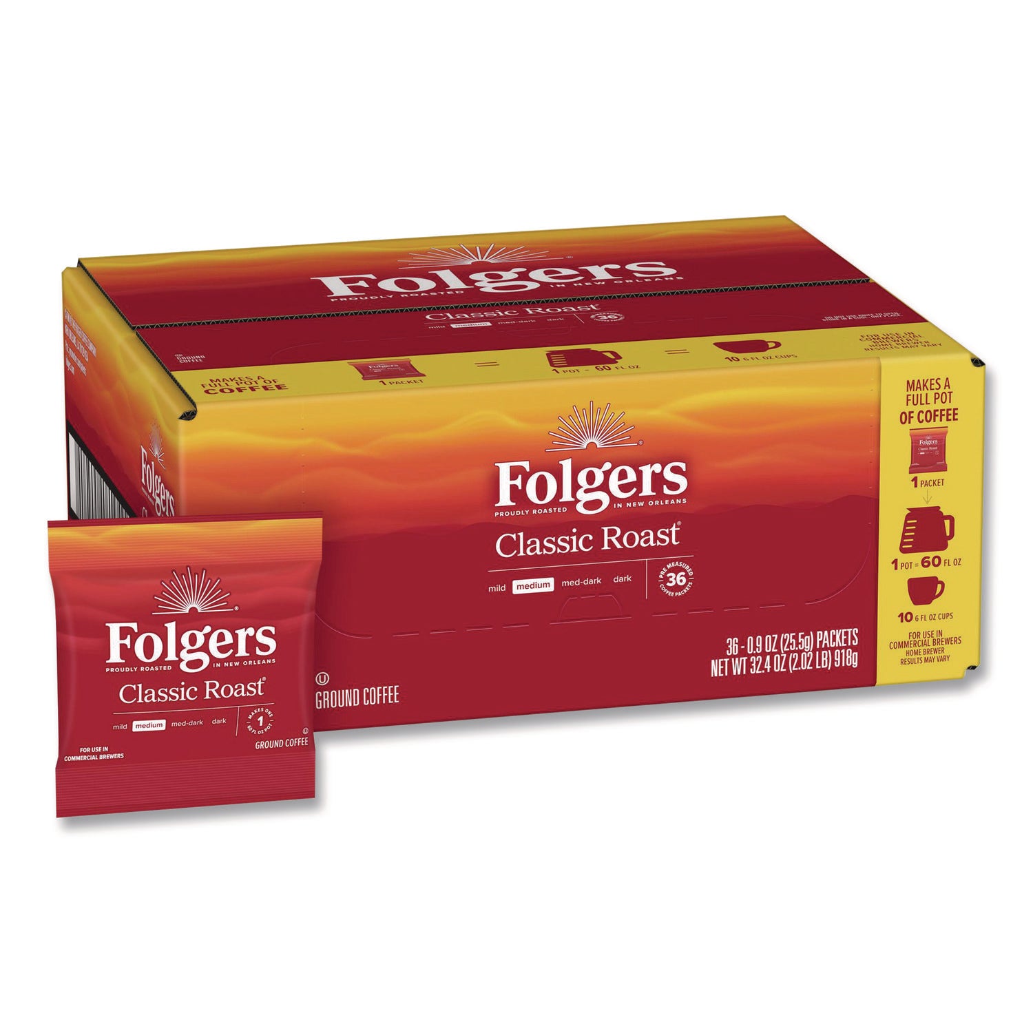 Coffee, Classic Roast, 0.9 oz Fractional Packs, 36/Carton