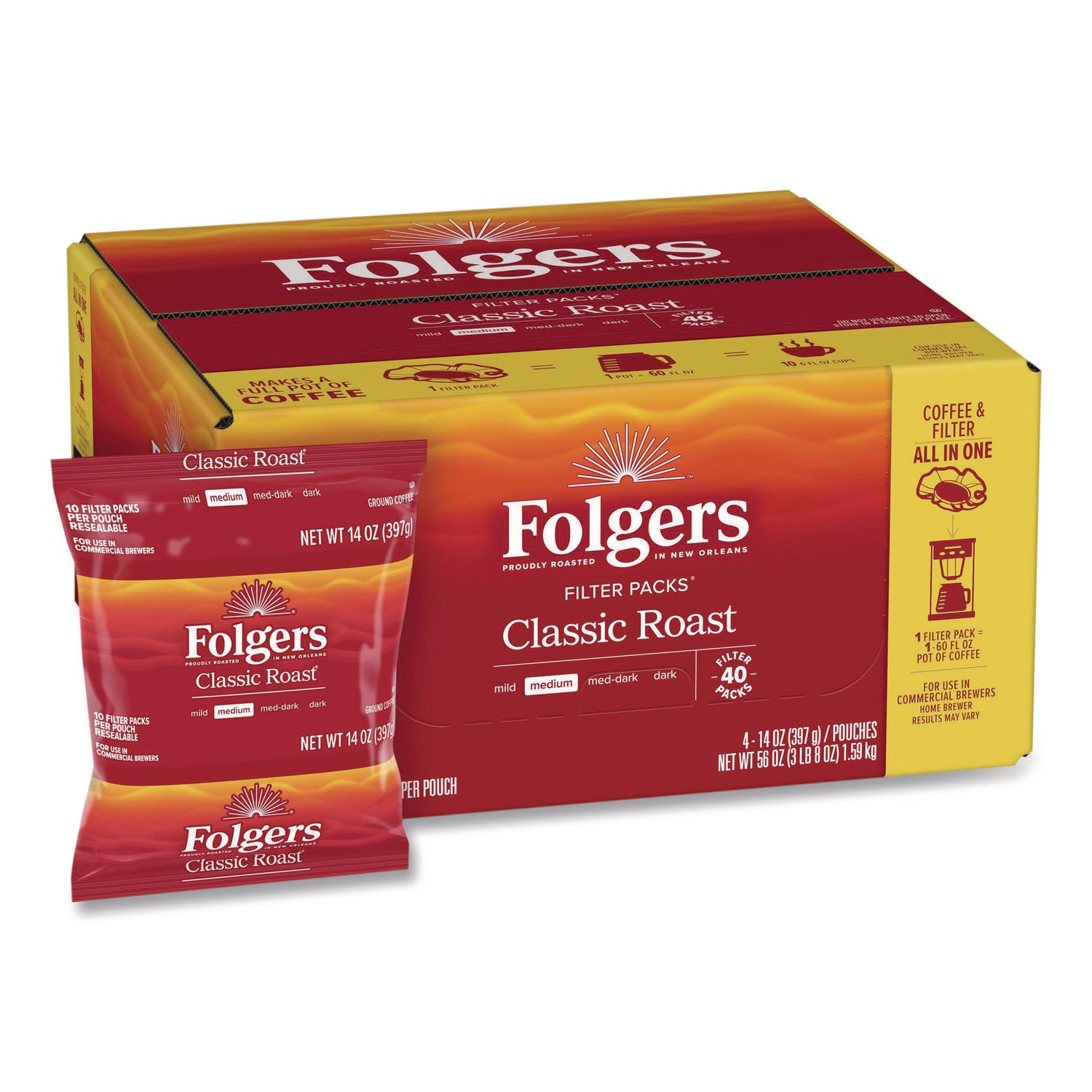 Coffee Filter Packs, Classic Roast, 1.4 oz Pack, 40/Carton