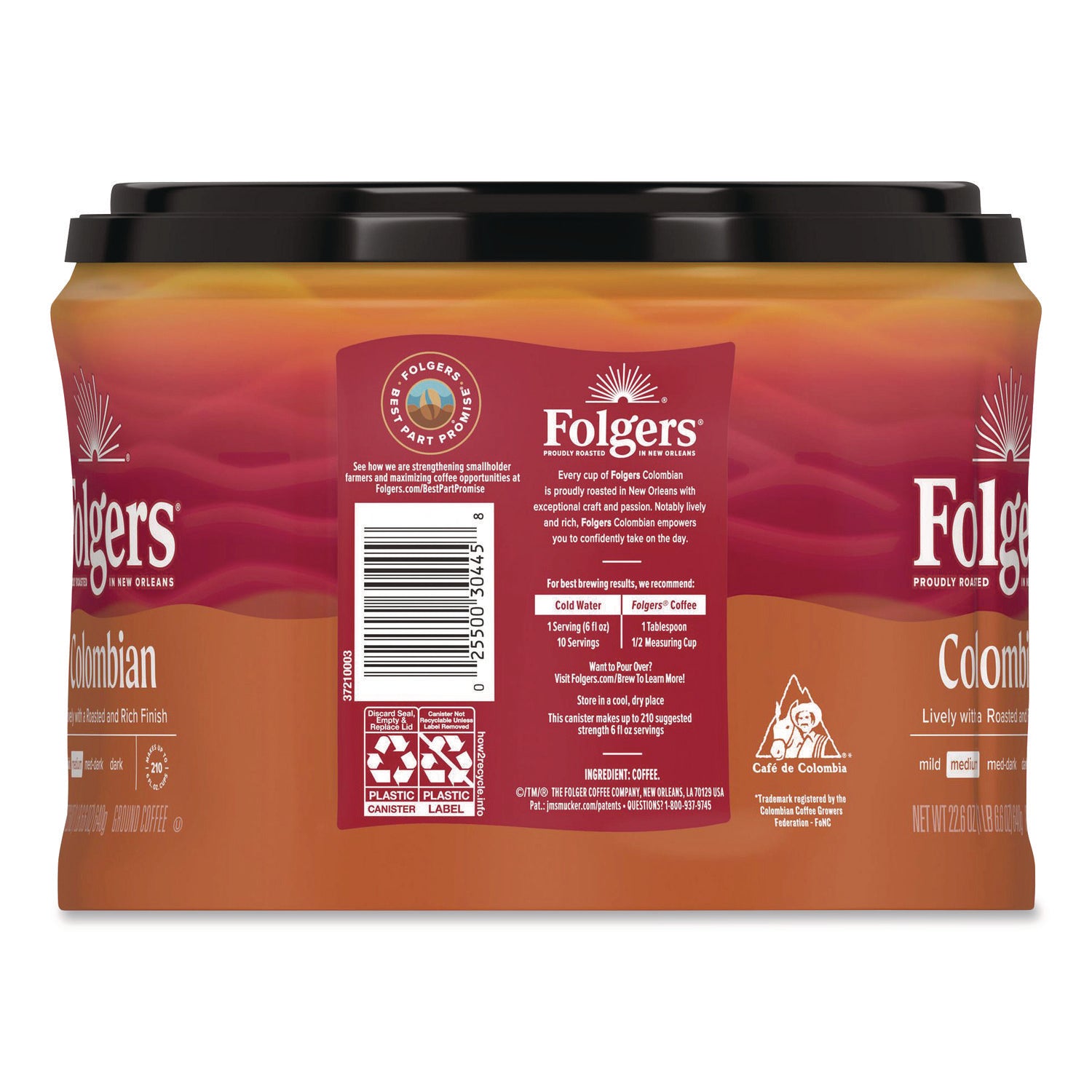 100% Columbian Coffee, 22.6 oz Canister, 6/Carton