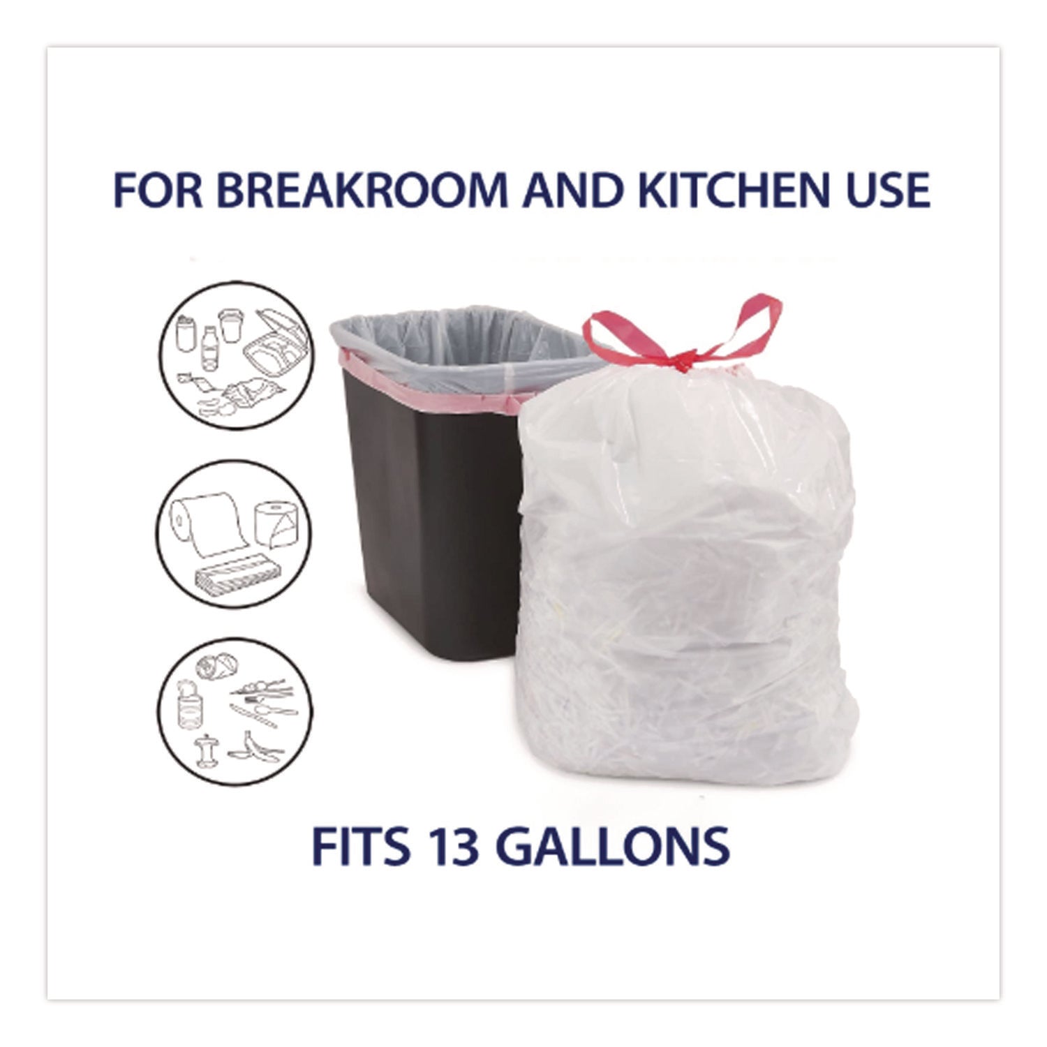 Drawstring Tall Kitchen Trash Bags, 13 gal, 0.9 mil, 28" x 24", White, 120/Box