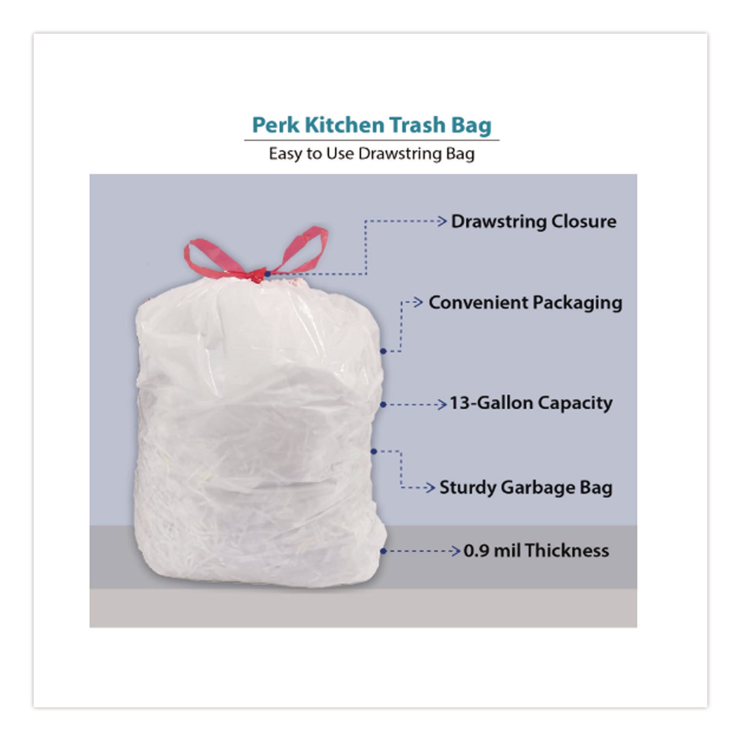 Drawstring Tall Kitchen Trash Bags, 13 gal, 0.9 mil, 28" x 24", White, 120/Box