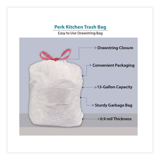 Drawstring Tall Kitchen Trash Bags, 13 gal, 0.9 mil, 28" x 24", White, 120/Box
