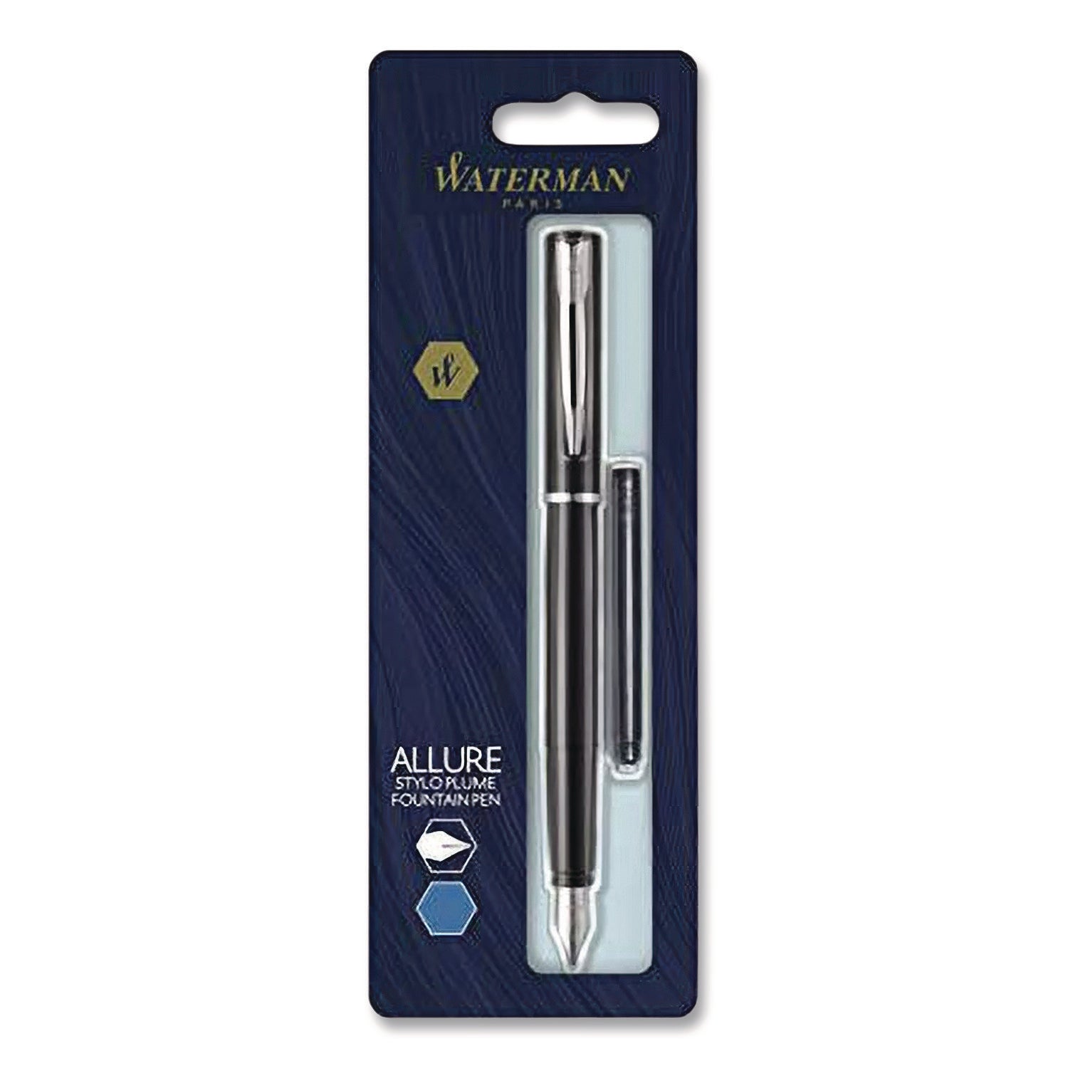 Allure Fountain Pen, Stick, Fine Nib, Blue Ink, Black/Silver Barrel