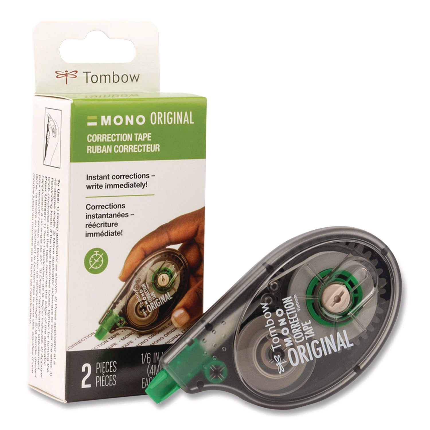 MONO Correction Tape, Non-Refillable, Gray/Clear Applicator, 0.17" x 394", White Tape, 2/Pack