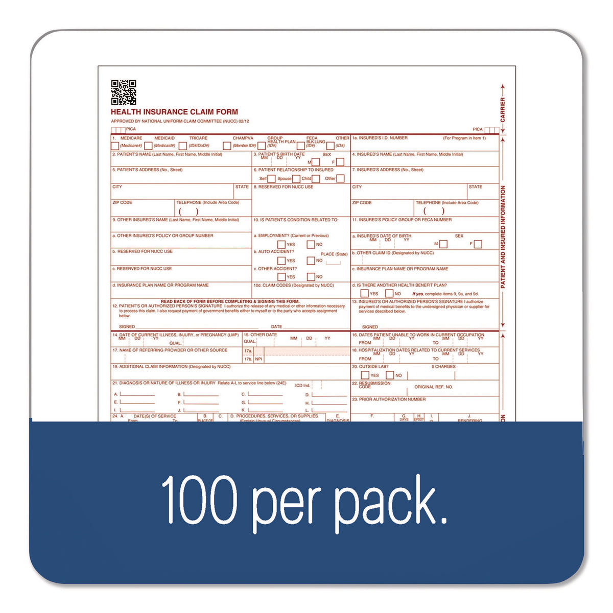 CMS Health Insurance Claim Form, Two-Part Carbonless, 8.5 x 11, 100 Forms Total