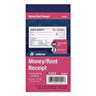 Adams Money/rent Receipt Books - 50 Sheet(s) - Tape Bound - 2 Part - 2.75" x 5.37" Form Size - White - Assorted Sheet(s) - 1 Each