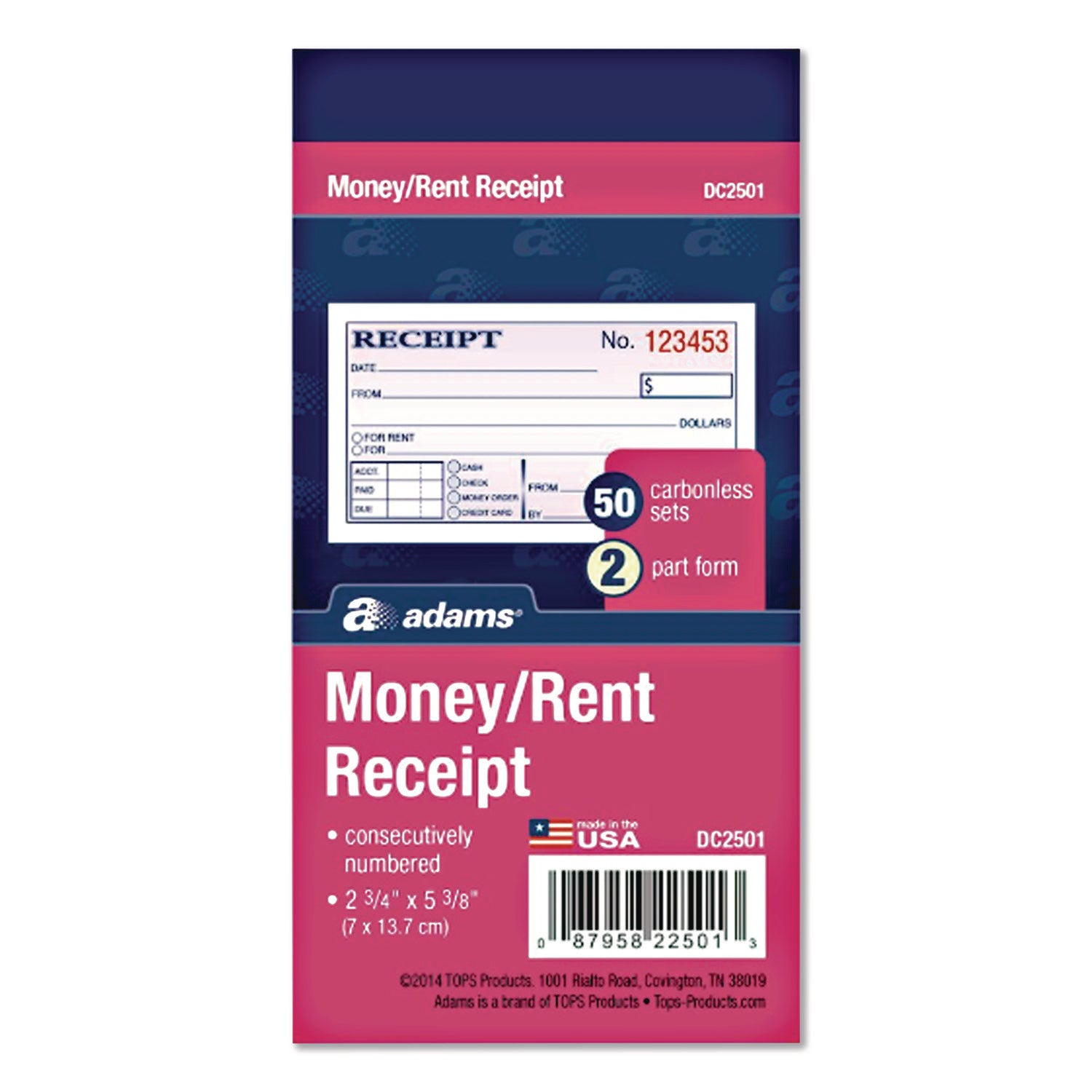 Adams Money/rent Receipt Books - 50 Sheet(s) - Tape Bound - 2 Part - 2.75" x 5.37" Form Size - White - Assorted Sheet(s) - 1 Each