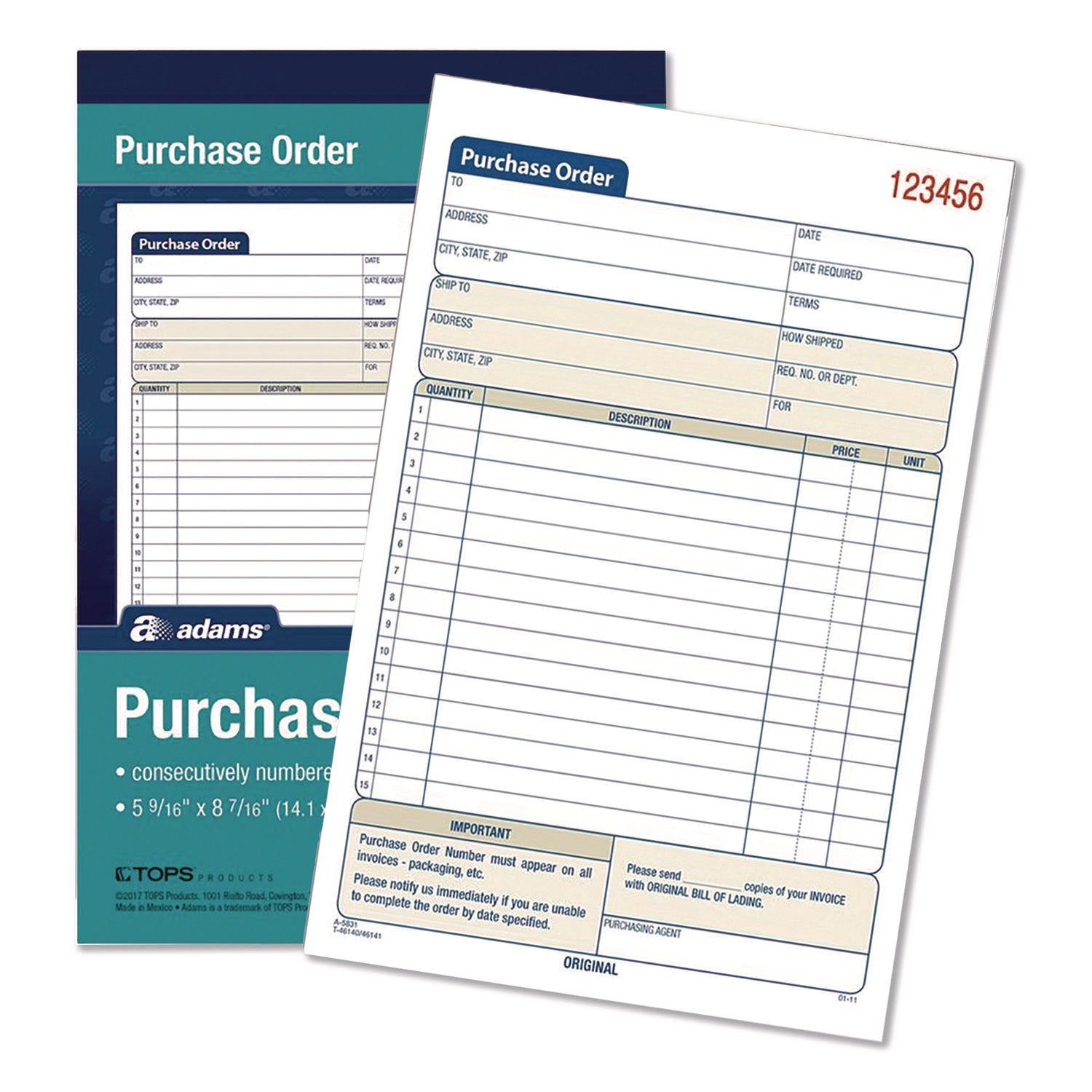 Adams Carbonless Purchase Order Statement - Tape Bound - 2 PartCarbonless Copy - 5.56" x 8.43" Sheet Size - 2 x Holes - White, Canary - Assorted Sheet(s) - 1 Each