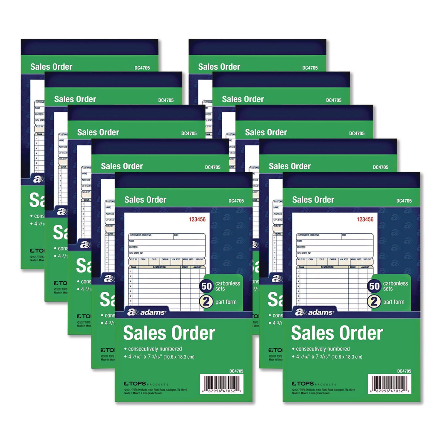 2-Part Sales Book, 12 Lines, Two-Part Carbonless, 4.19 x 7.19, 50 Forms/Pad, 10 Pads/Box