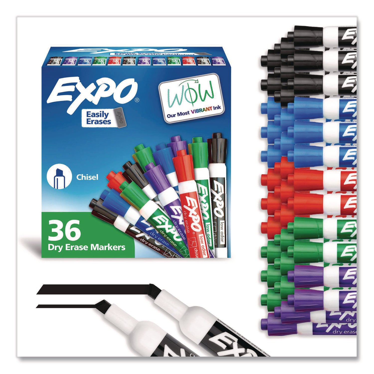Low-Odor Dry-Erase Marker Value Pack, Broad Chisel Tip, Assorted Colors, 36/Box