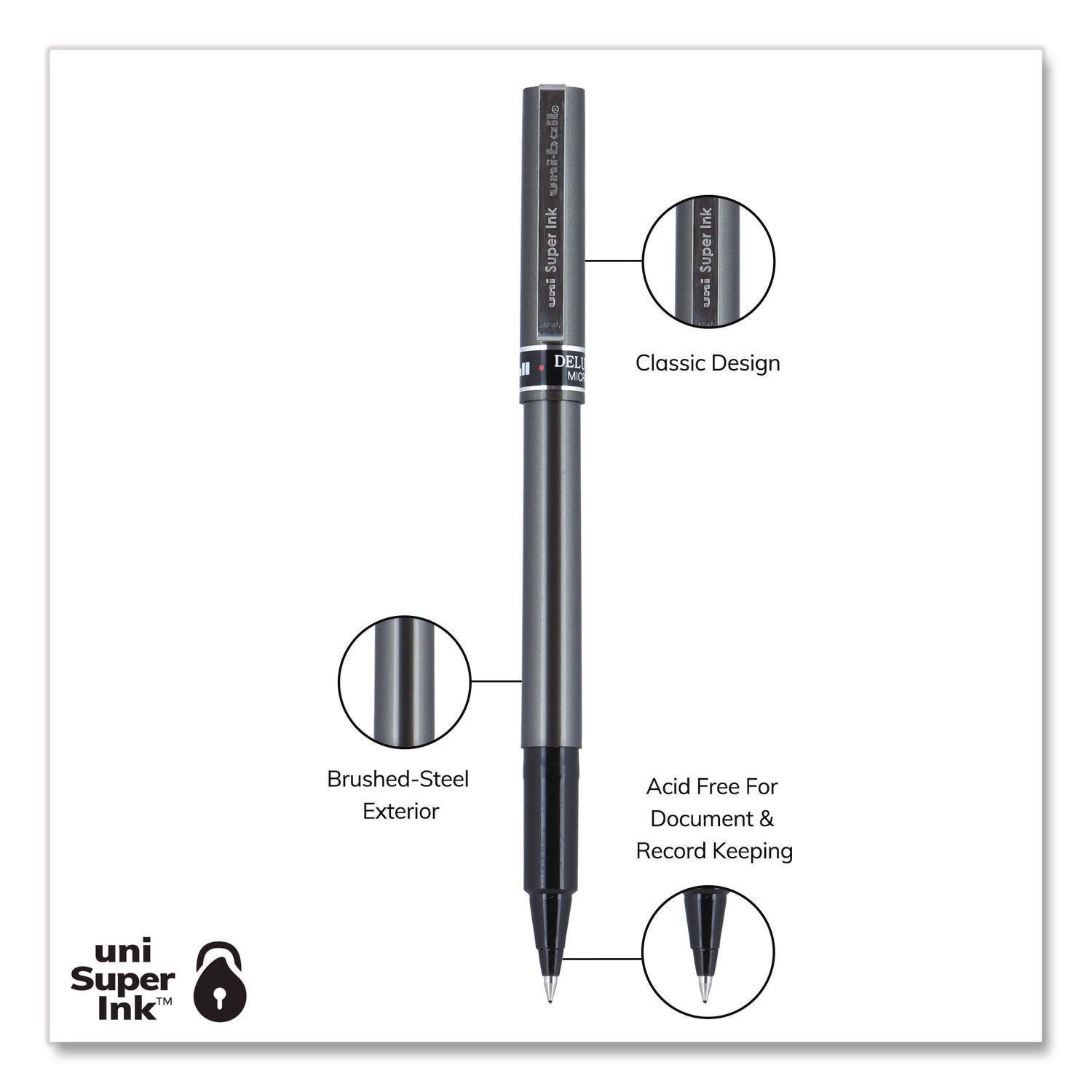 Deluxe Roller Ball Pen, Stick, Extra-Fine 0.5 mm, Black Ink, Metallic Gray/Black Barrel, Dozen