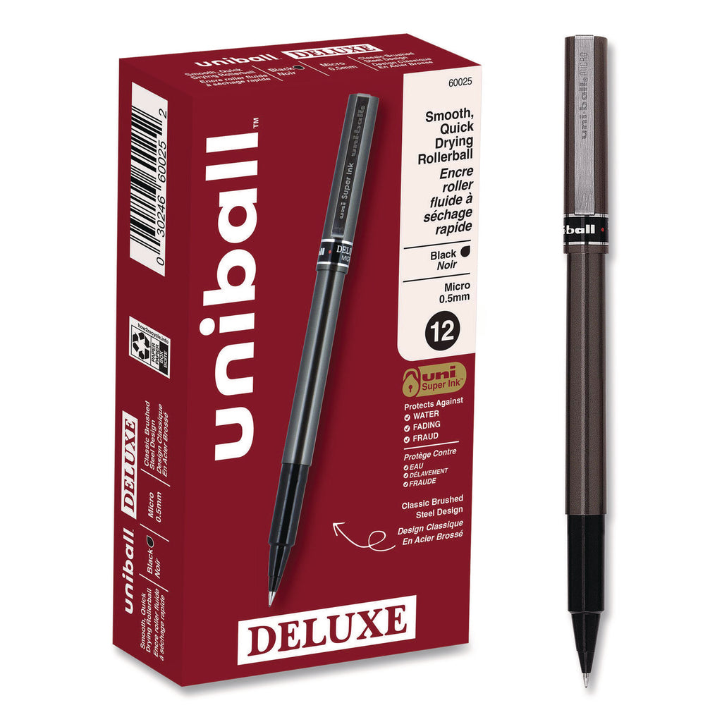 Deluxe Roller Ball Pen, Stick, Extra-Fine 0.5 mm, Black Ink, Metallic Gray/Black Barrel, Dozen