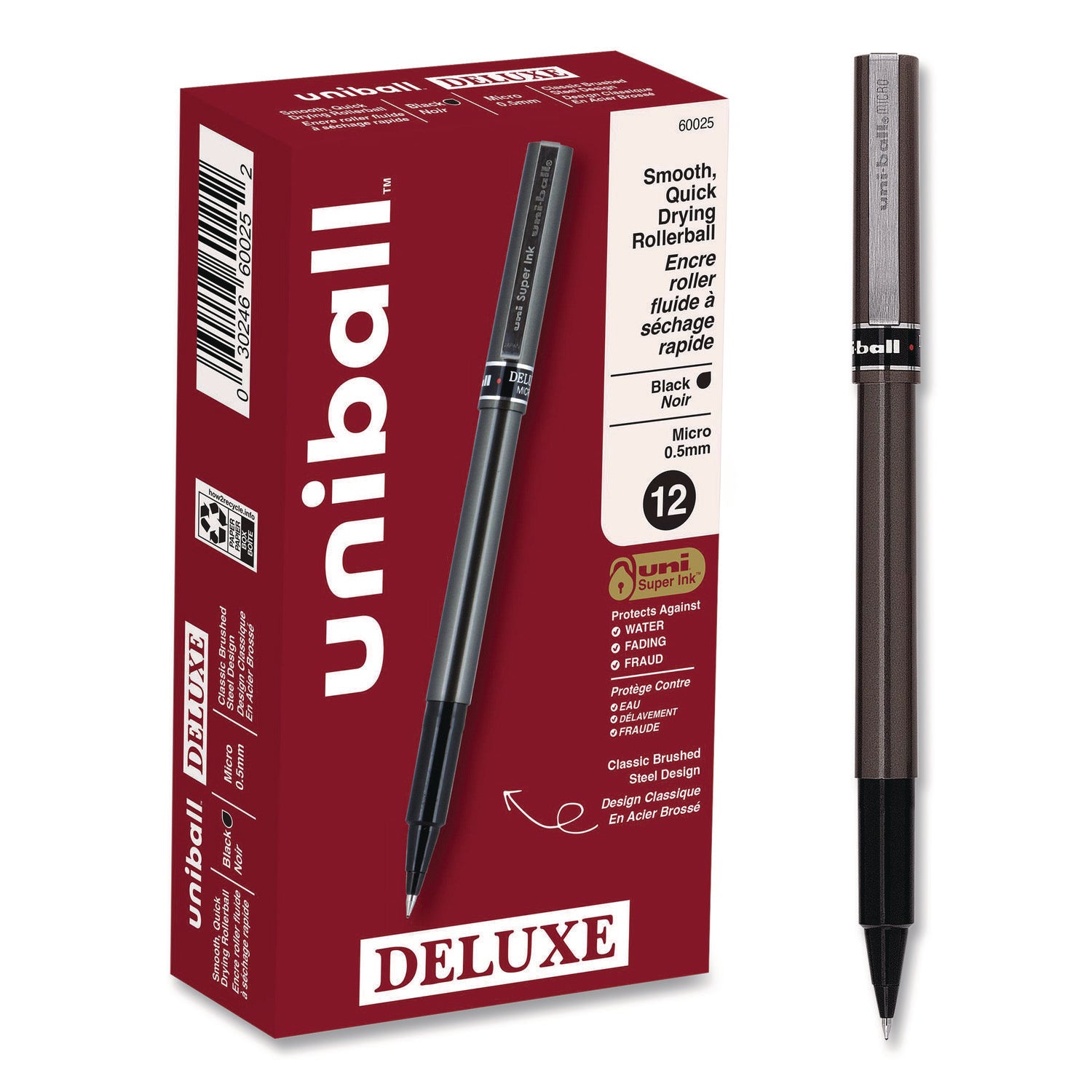 Deluxe Roller Ball Pen, Stick, Extra-Fine 0.5 mm, Black Ink, Metallic Gray/Black Barrel, Dozen